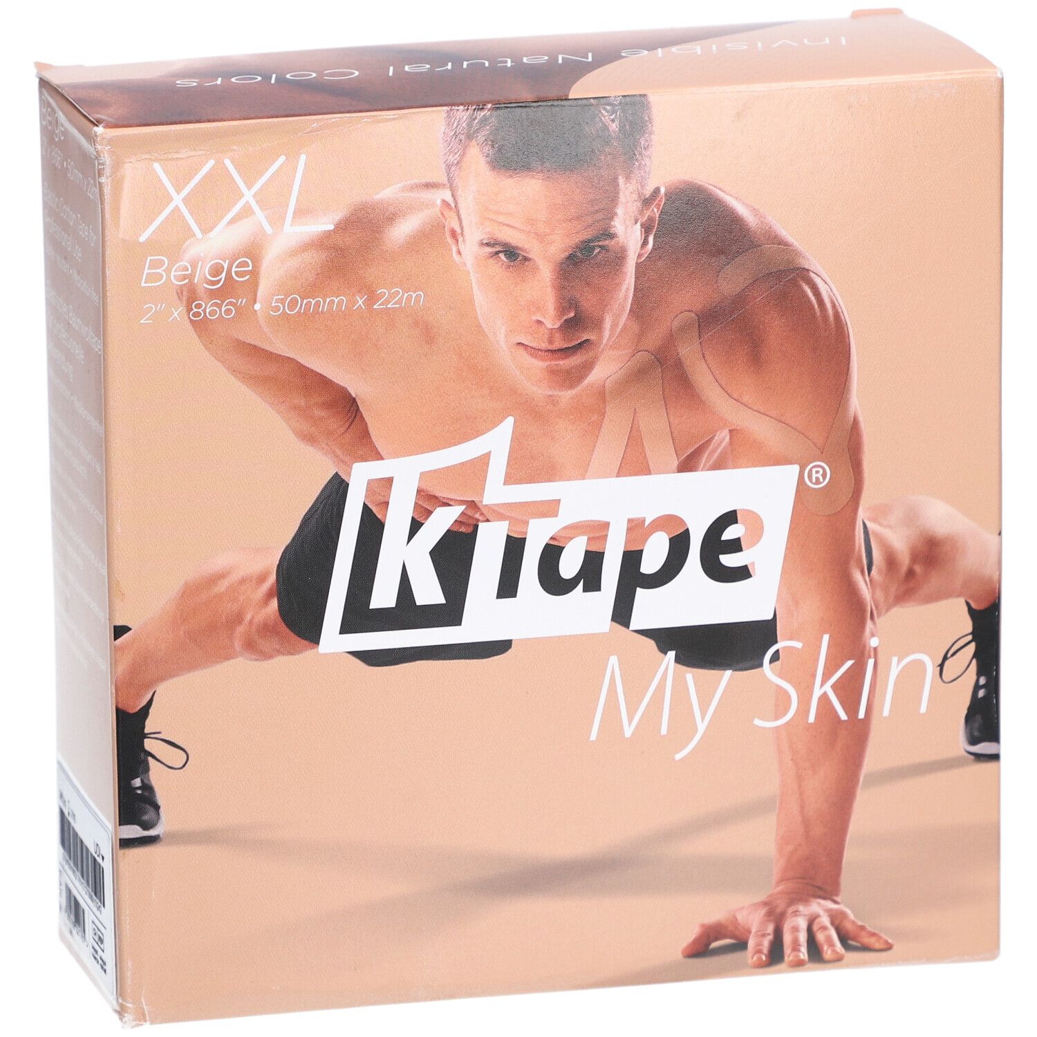 Emballage K-Tape XXL. Beige, 2 x 866" x 50mm x 22m. Homme en position sportive.