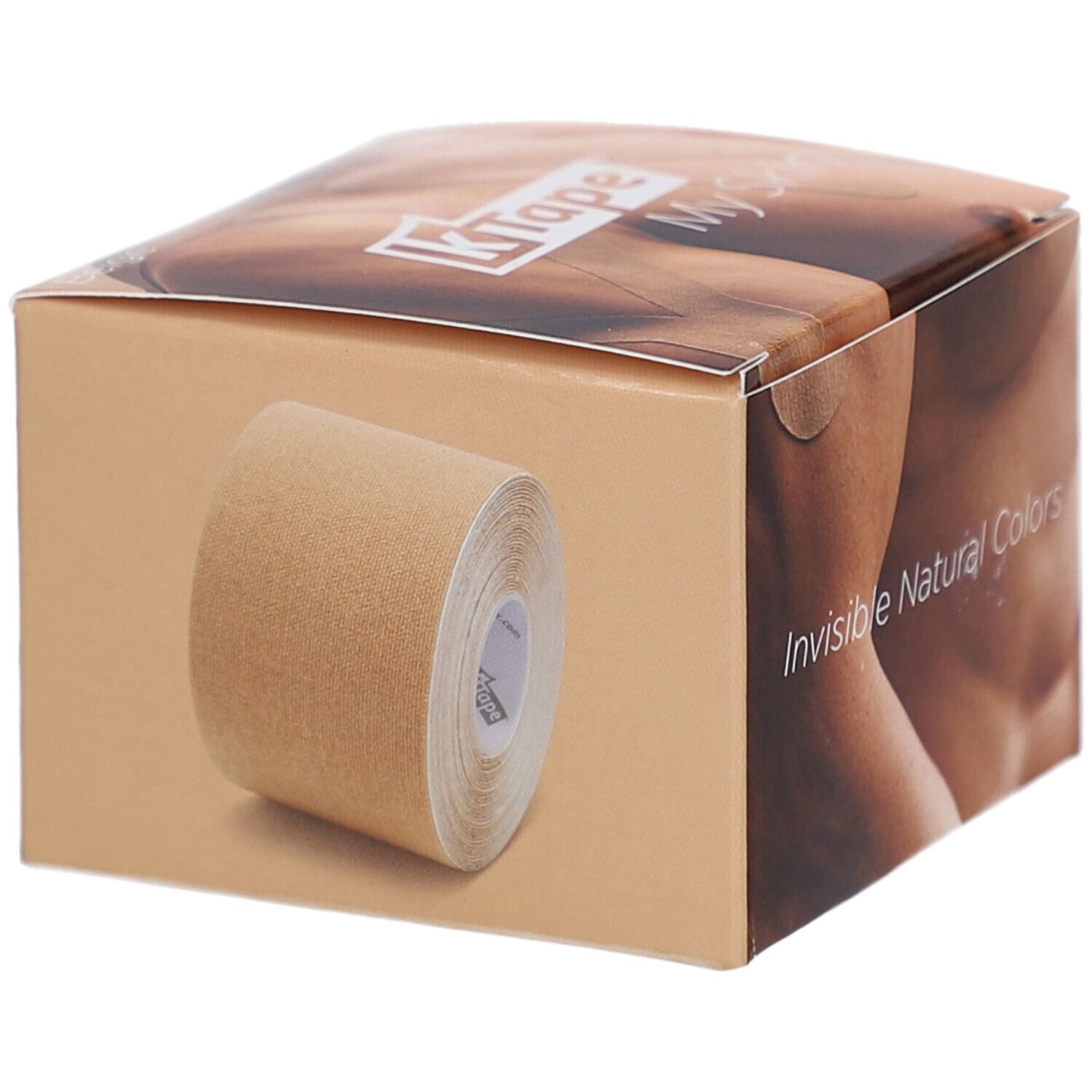 Emballage K-TAPE Meine Haut Beige. Rouleau de ruban beige visible. Inscription: Invisible Natural Colors.