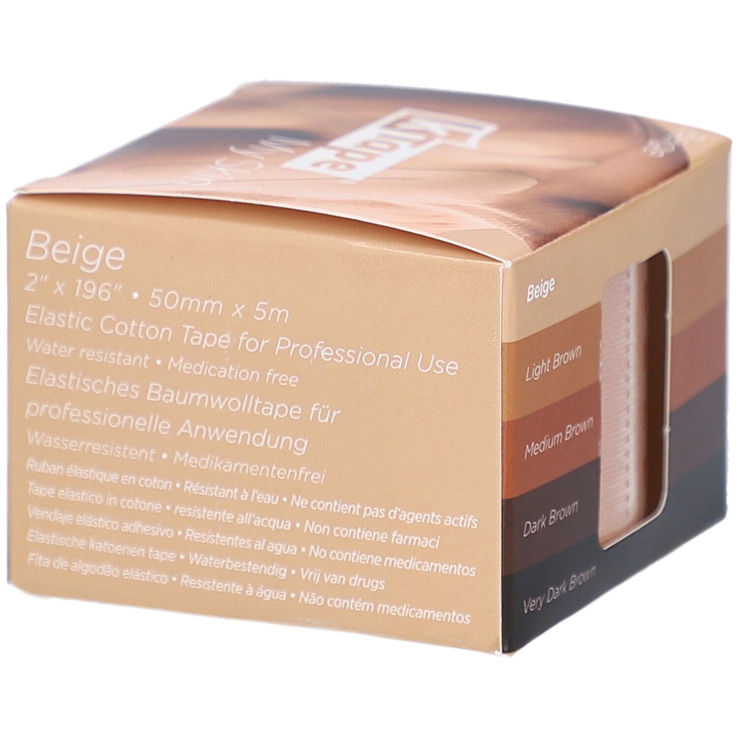 Emballage K-TAPE Meine Haut Beige. Inscription: 2" x 196", 50mm x 5m. Ruban de coton élastique pour usage professionnel.
