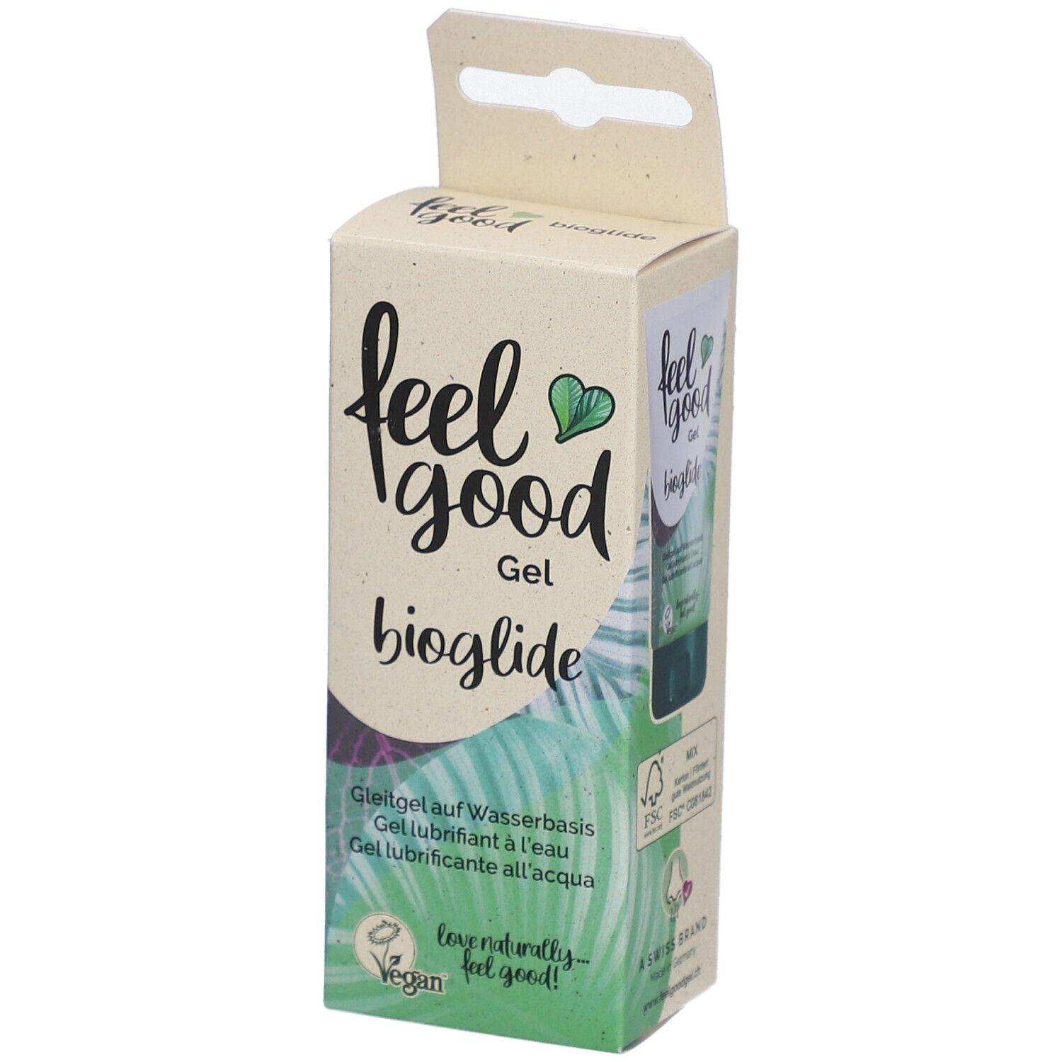 Kartonnen verpakking met productnaam en logo. Groen-wit ontwerp. Opschrift: Gleitgel op waterbasis. Vegan.