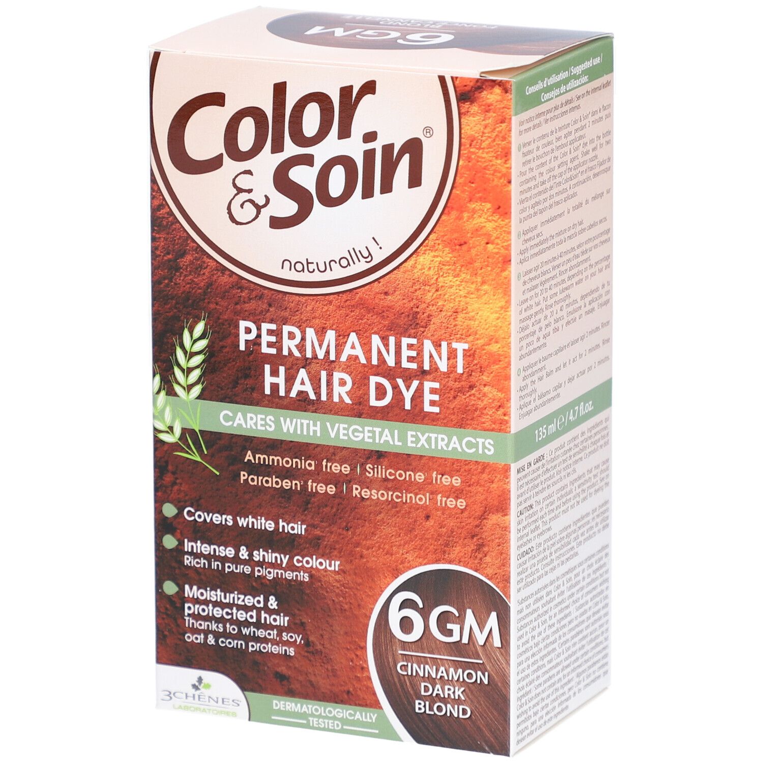 Les 3 Chênes Color & Soin 6GM Blond foncé cannelle. Boîte avec informations produit. Contient une coloration permanente aux extraits végétaux.