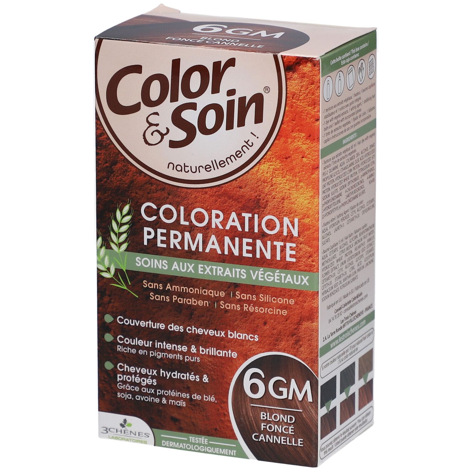 Les 3 Chênes Color & Soin 6GM Blond foncé cannelle. Boîte avec informations produit. Contient une coloration permanente aux extraits végétaux.