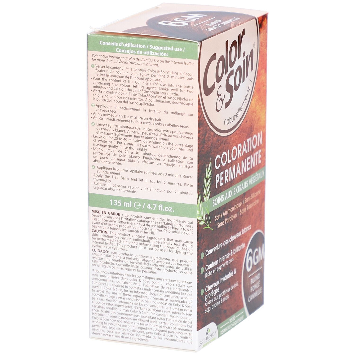 Dos de la boîte Les 3 Chênes Color & Soin 6GM. Contient mode d'emploi et informations produit.
