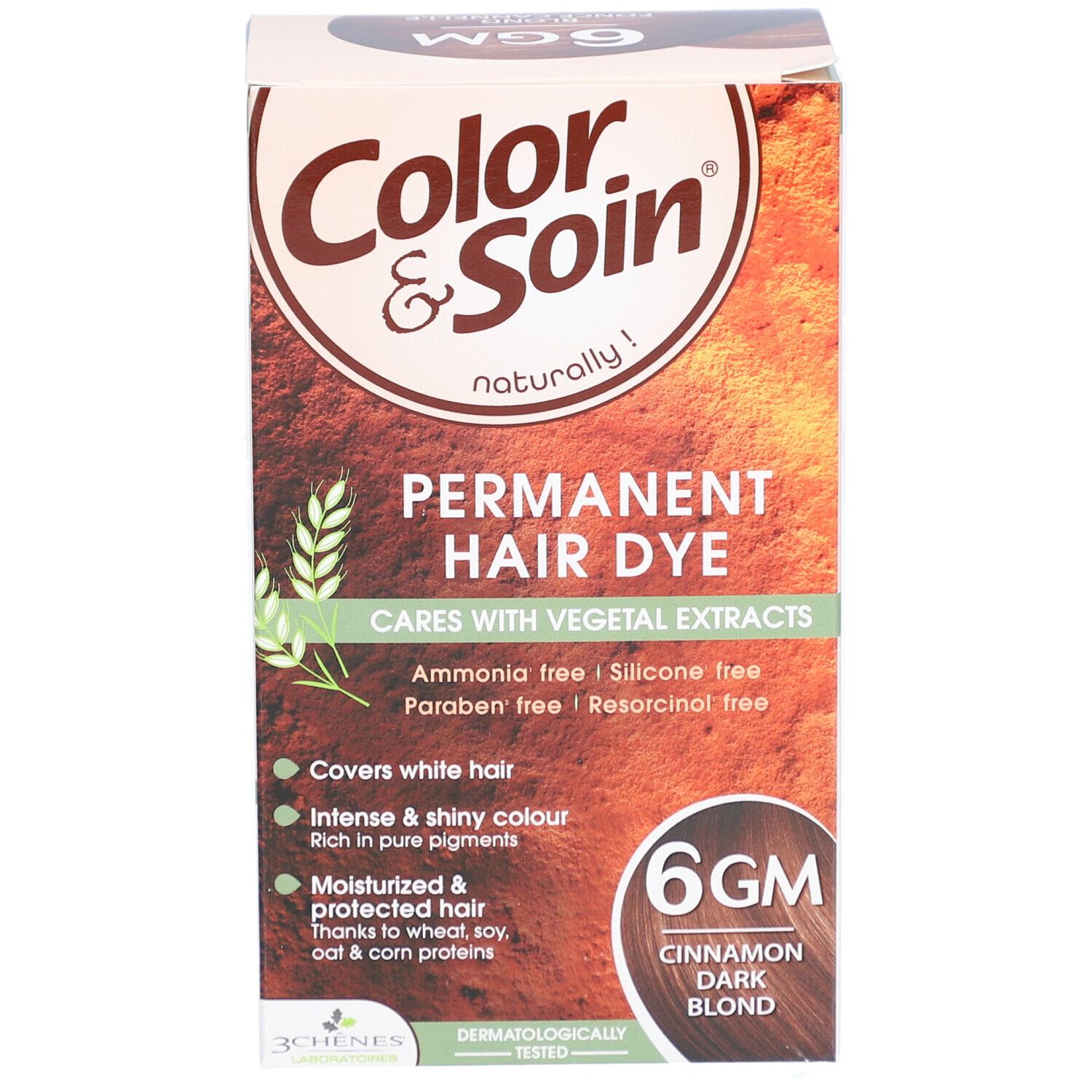 Les 3 Chênes Color & Soin 6GM Blond foncé cannelle. Boîte avec informations produit. Contient une coloration permanente aux extraits végétaux.