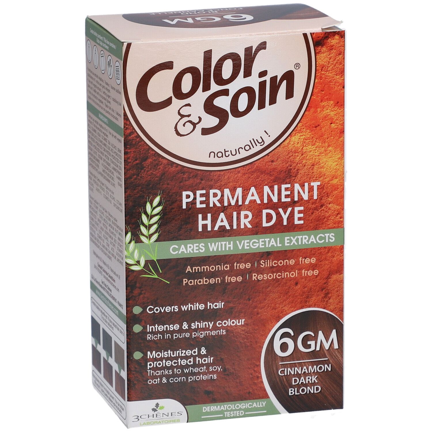 Les 3 Chênes Color & Soin 6GM Blond foncé cannelle. Boîte avec informations produit. Contient une coloration permanente aux extraits végétaux.