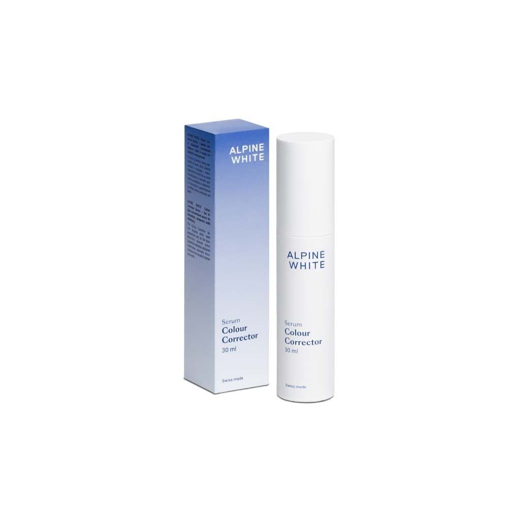 Serum en verpakking. Wit serum, blauwe verpakking met productinformatie en logo.