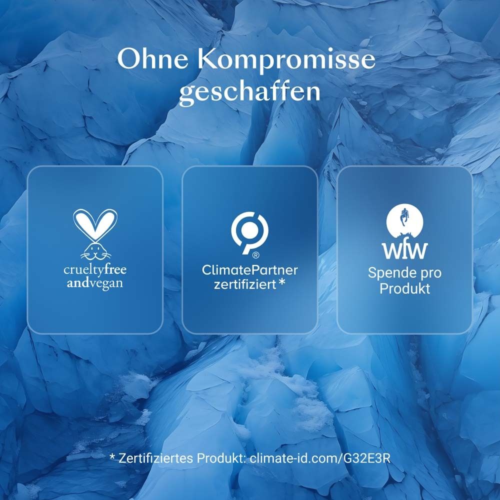 Blauwe achtergrond met logo's. Tekst: crueltyfree andvegan, ClimatePartner gecertificeerd, wiw Donatie.