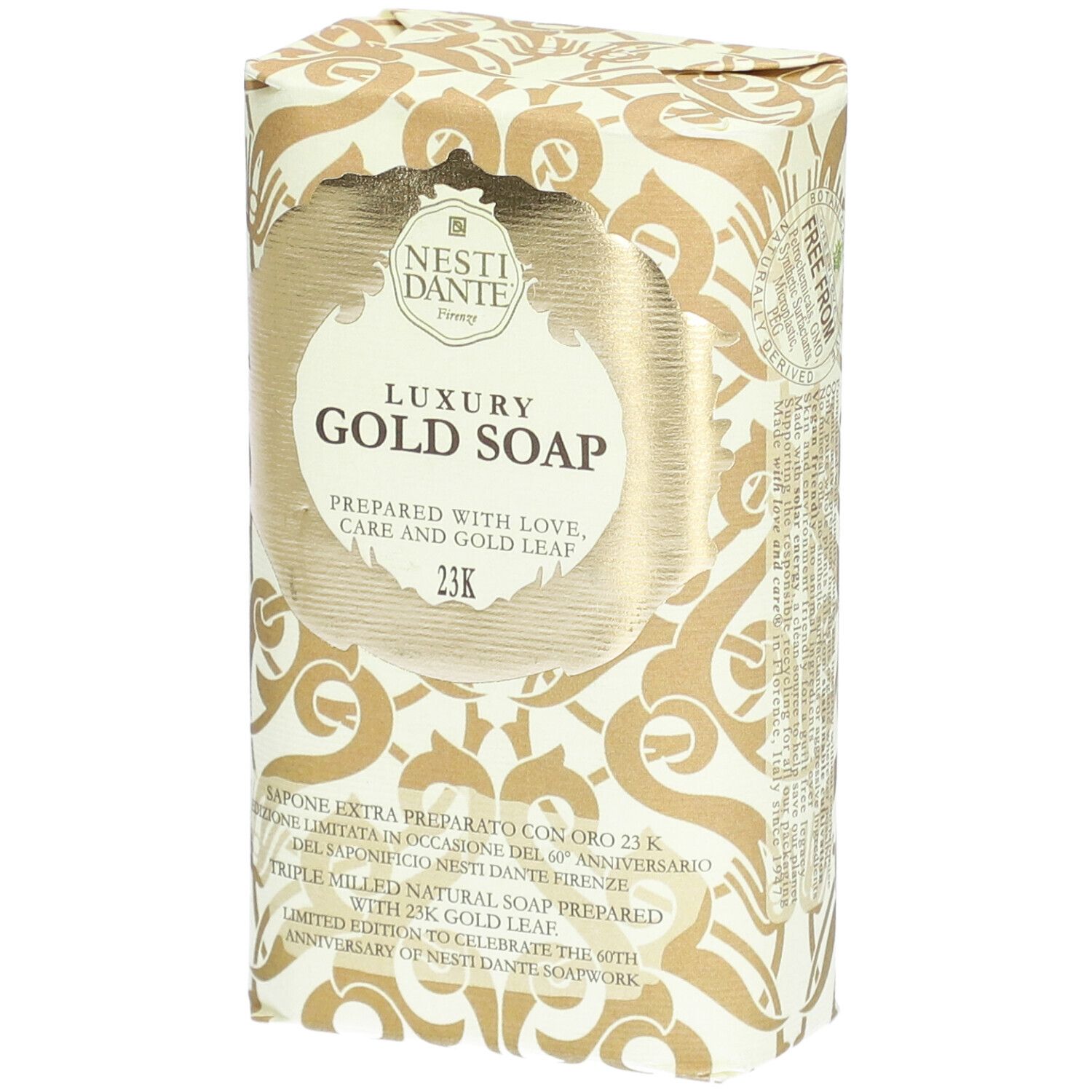 Gouden zeep in verpakking. Opschrift: Luxury Gold Soap, 23K. Merk: Nesti Dante.