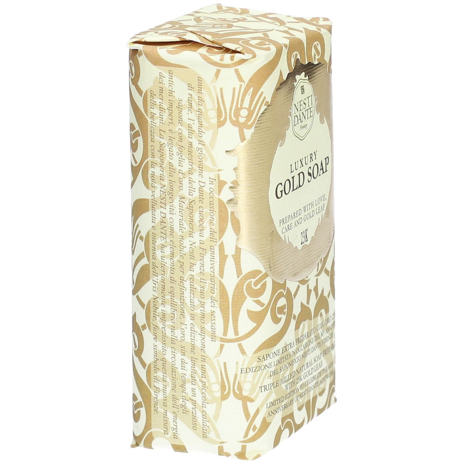 Gouden zeep in verpakking. Opschrift: Luxury Gold Soap, 23K. Merk: Nesti Dante.