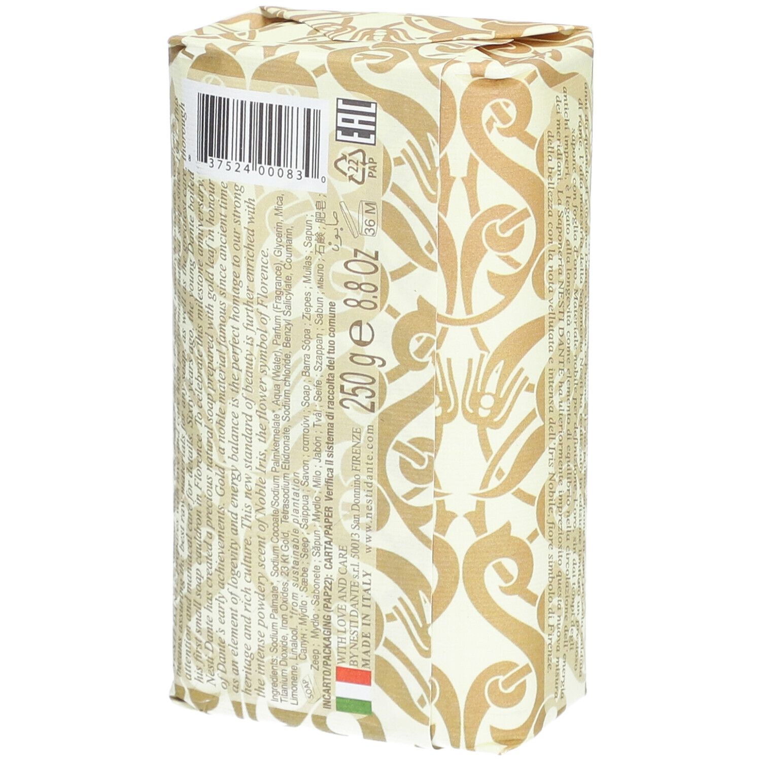 Verpakte zeep. Opschrift: 250 g 8.8 OZ. Merk: Nesti Dante. Met Italiaanse vlag.
