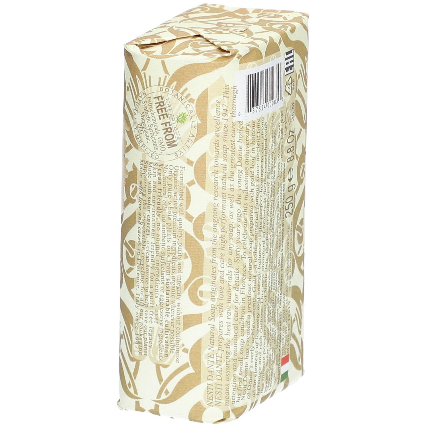 Verpakte zeep. Opschrift: 250 g 8.8 OZ. Merk: Nesti Dante. Met Italiaanse vlag.