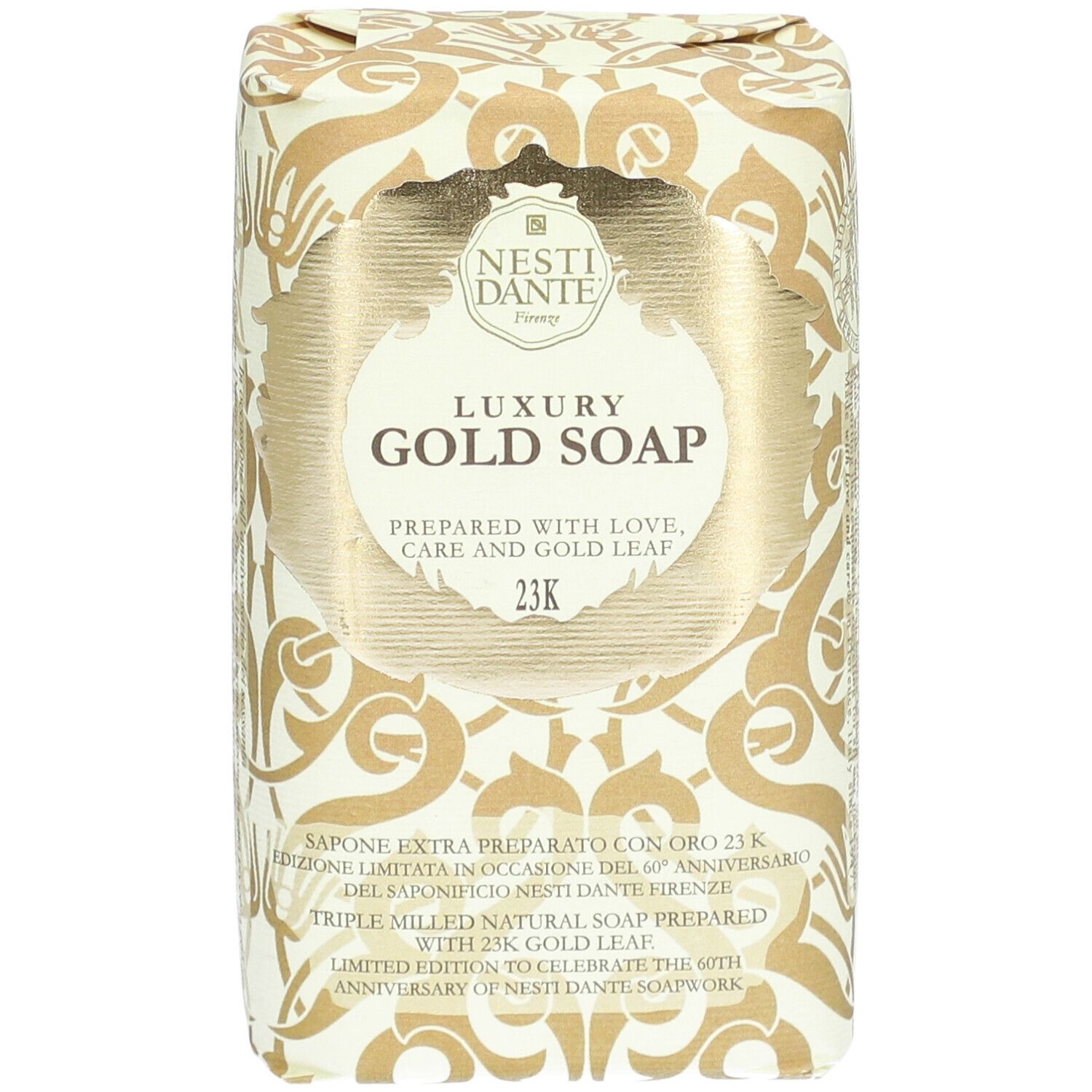 Gouden zeep in verpakking. Opschrift: Luxury Gold Soap, 23K. Merk: Nesti Dante.