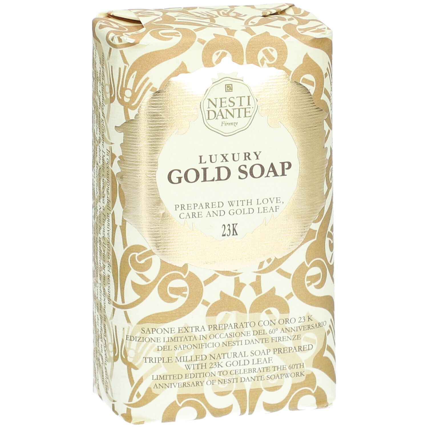 Gouden zeep in verpakking. Opschrift: Luxury Gold Soap, 23K. Merk: Nesti Dante.