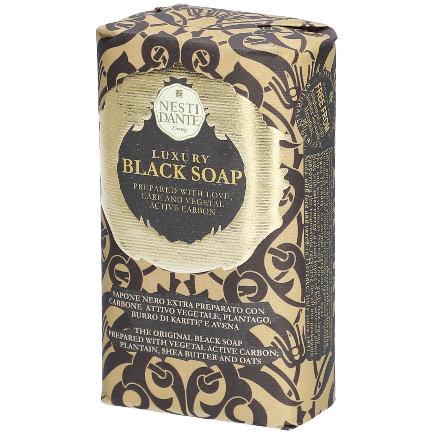 Verpakte zeep. Opschrift: Nesti Dante, Luxury Black Soap. Met actieve kool, sheaboter en haver.