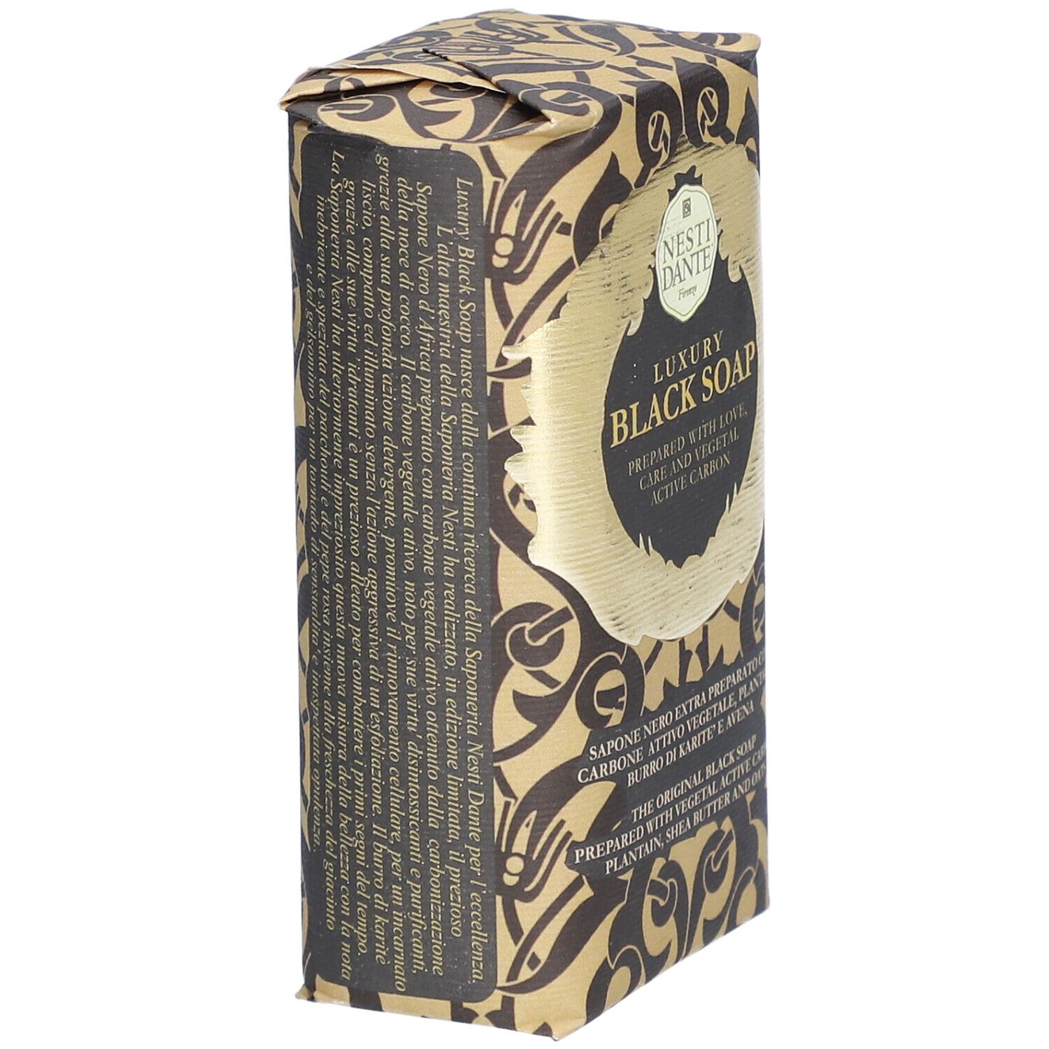 Verpakte zeep, zijaanzicht. Opschrift: Nesti Dante, Luxury Black Soap. Met actieve kool, sheaboter en haver.
