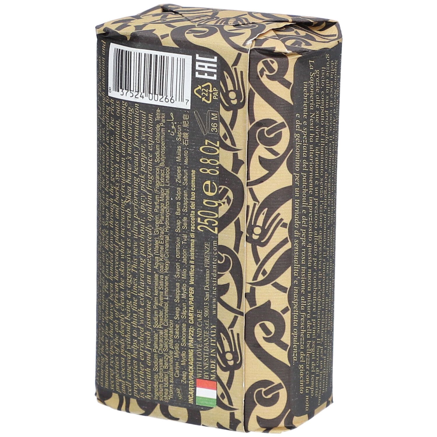 Verpakte zeep, achterkant. Opschrift: 250g 8.8oz. Met barcode en informatie in meerdere talen.