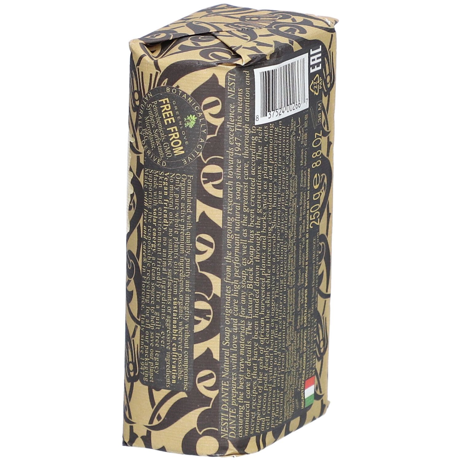 Verpakte zeep, achterkant. Opschrift: 250g 8.8oz. Met barcode en informatie in meerdere talen.