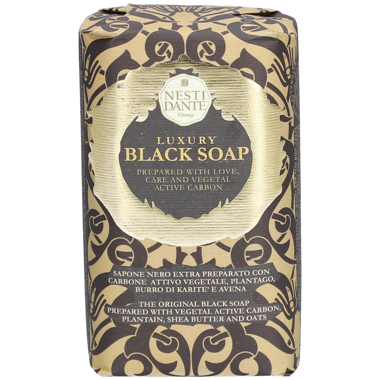 Verpakte zeep. Opschrift: Nesti Dante, Luxury Black Soap. Met actieve kool, sheaboter en haver.