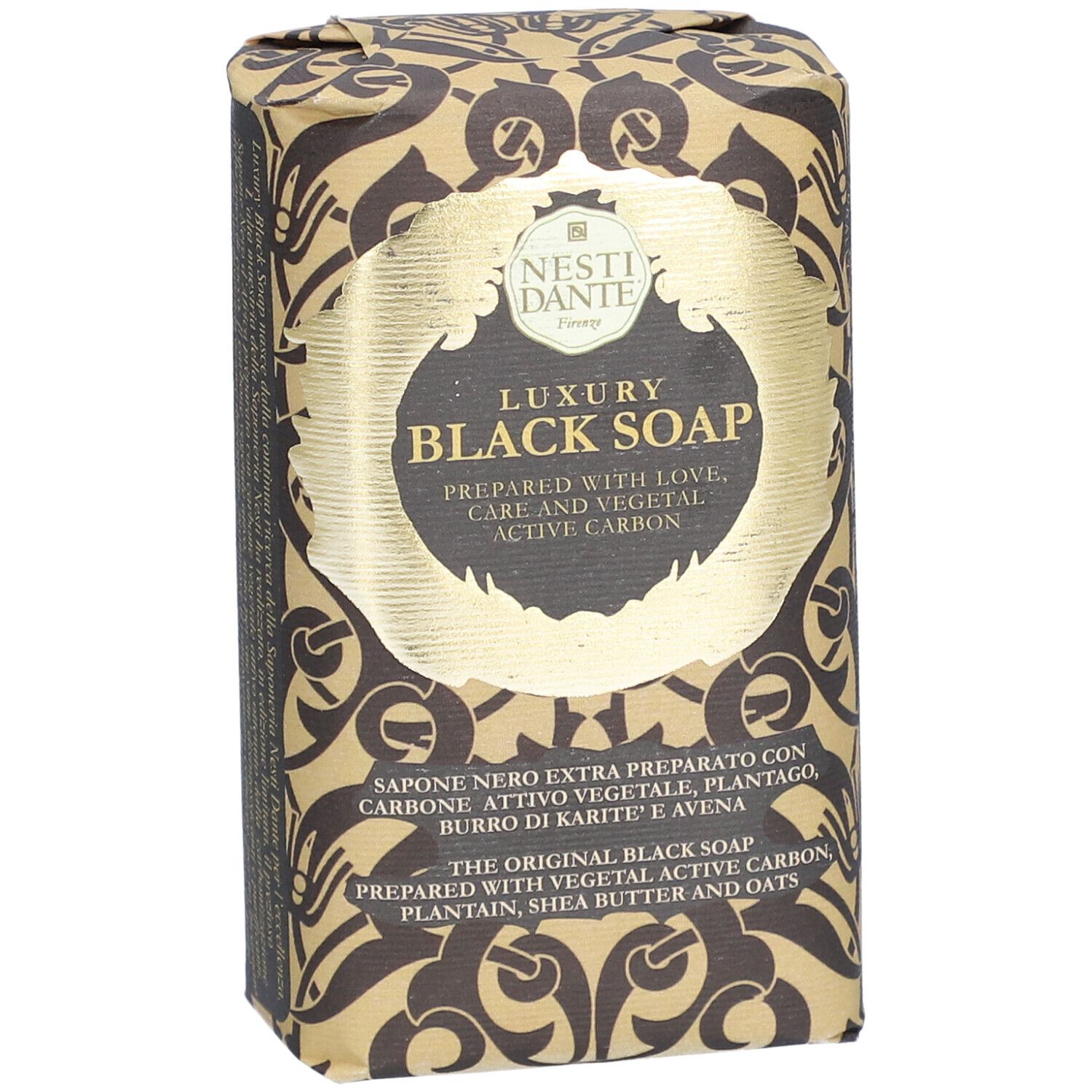 Verpakte zeep. Opschrift: Nesti Dante, Luxury Black Soap. Met actieve kool, sheaboter en haver.
