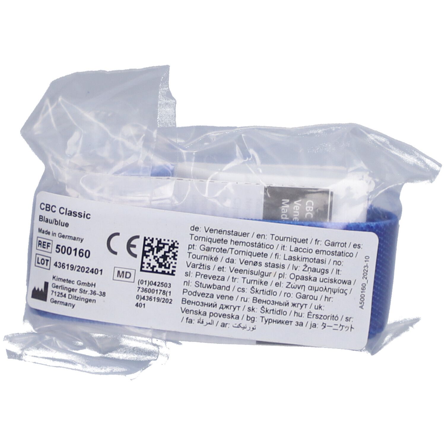 Blauwe tourniquet in plastic verpakking. Etiket met productnaam, REF, LOT, CE-markering.