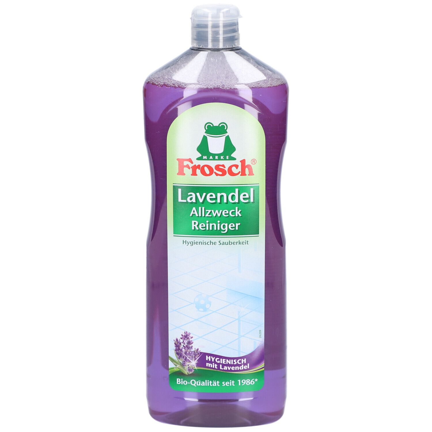 Fles met paarse vloeistof. Etiket met Frosch-logo en tekst "Lavendel Allzweck Reiniger".