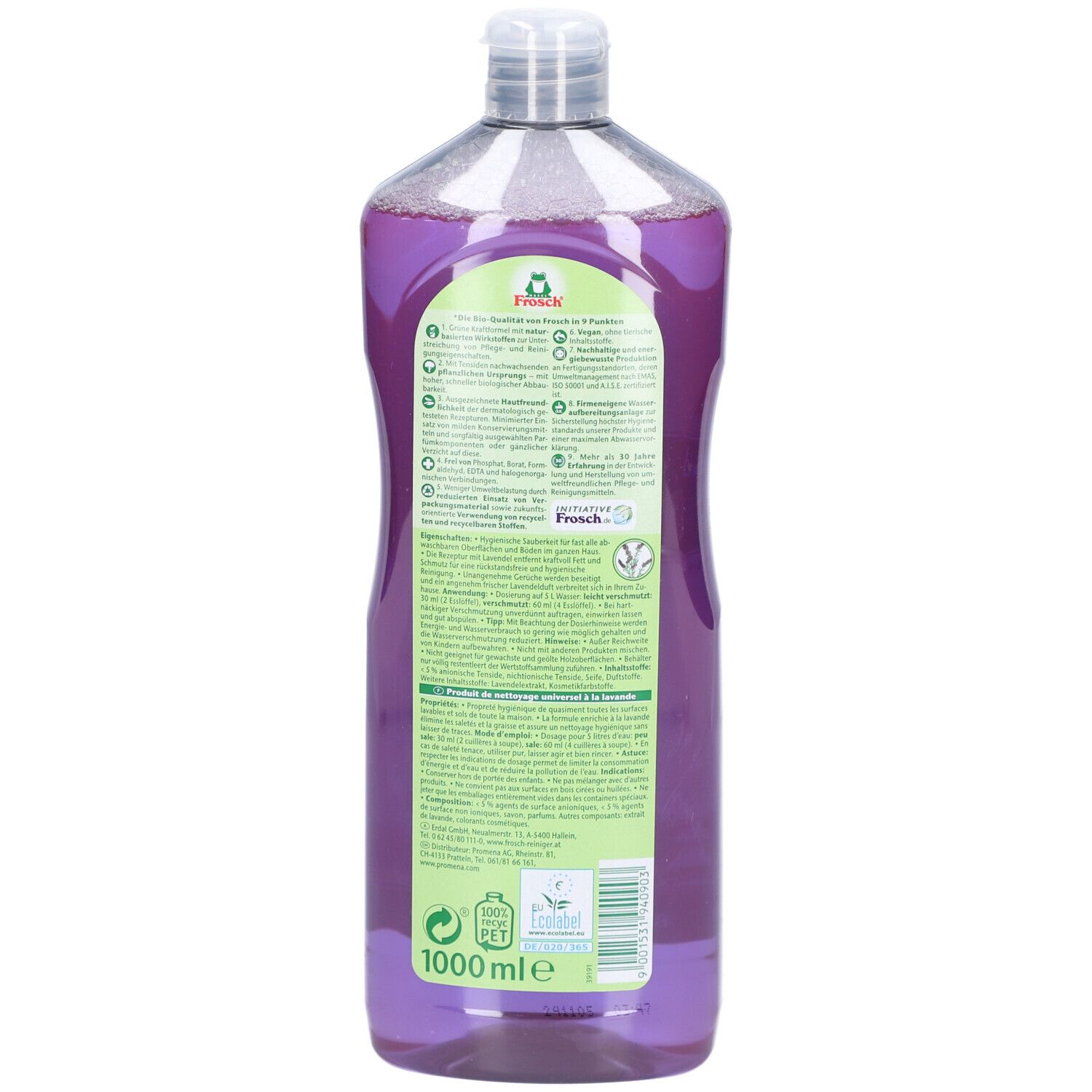 Achterkant van de fles. Etiket met tekst en logo's, waaronder het Frosch-logo en een recyclagesymbool.