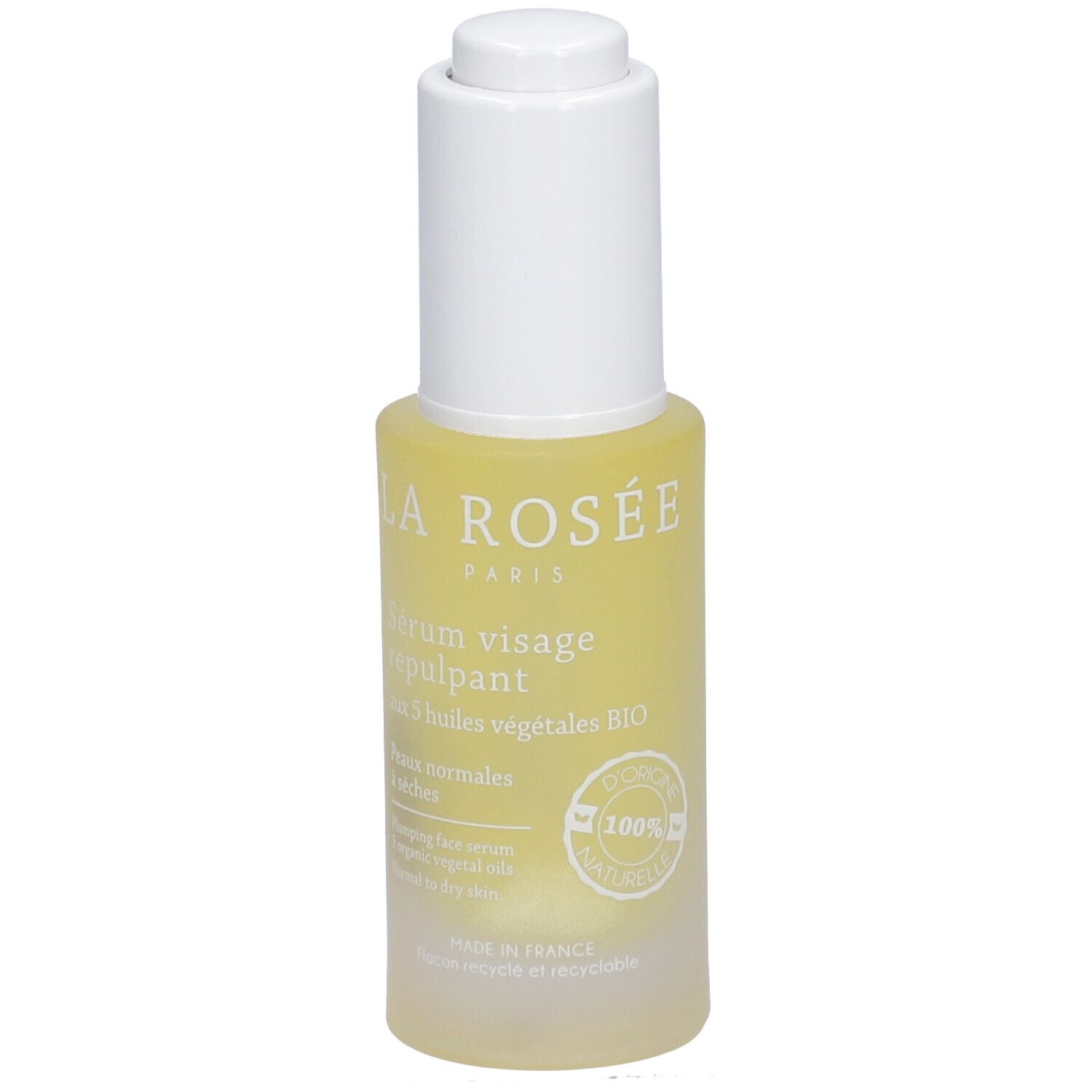 Flacon de sérum jaunâtre avec bouchon blanc. Inscription: La Rosée, Sérum visage repulpant, 5 huiles végétales BIO. 100% naturel.