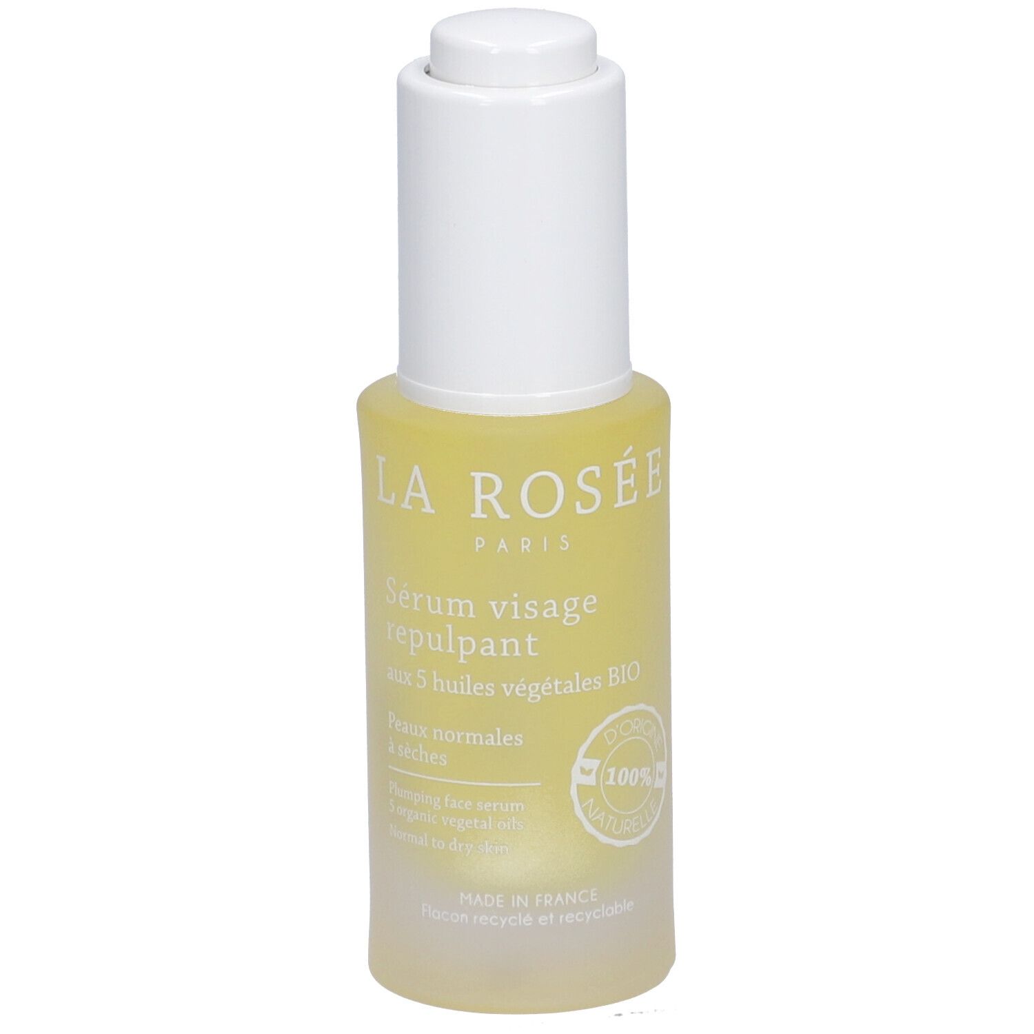 Flacon de sérum jaunâtre avec bouchon blanc. Inscription: La Rosée, Sérum visage repulpant, 5 huiles végétales BIO. 100% naturel.