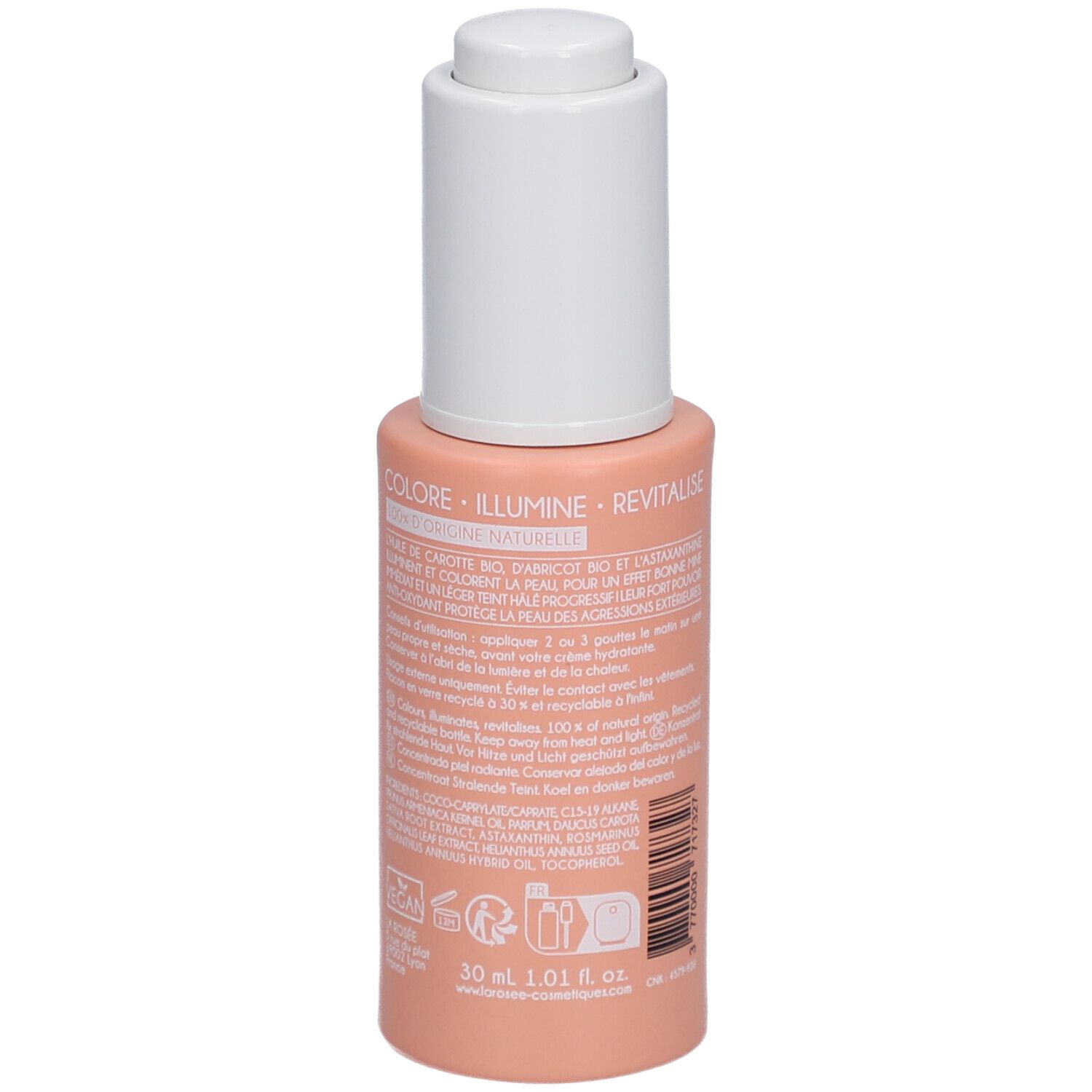 Roze fles met witte dop. Tekst: 30 ml 1.01 fl. oz. Ingrediënten, gebruiksaanwijzing. Veganistisch logo.