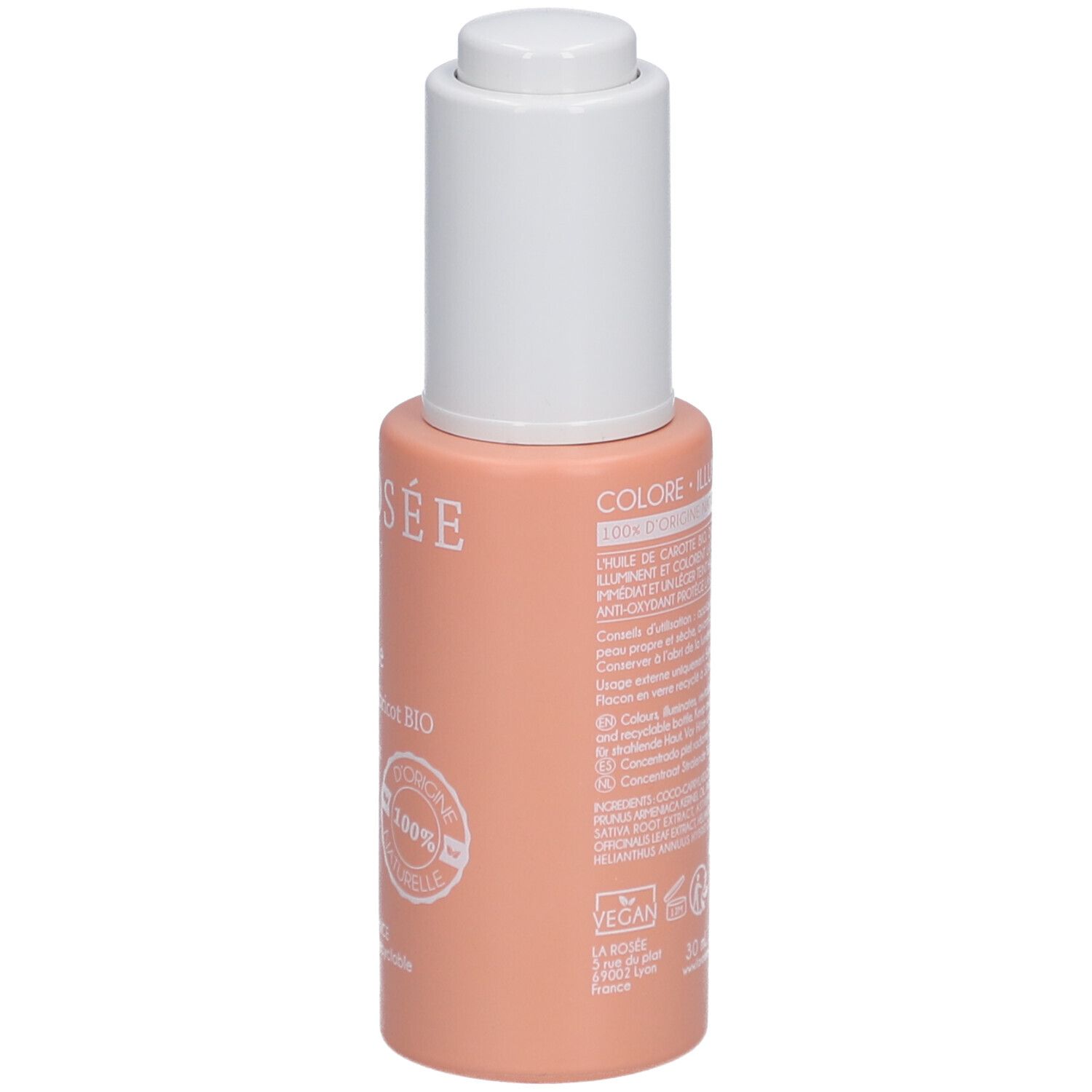 Roze fles met witte dop. Opschrift: LA ROSÉE, Concentré bonne mine, à la carotte et à l'abricot BIO. Veganistisch logo.