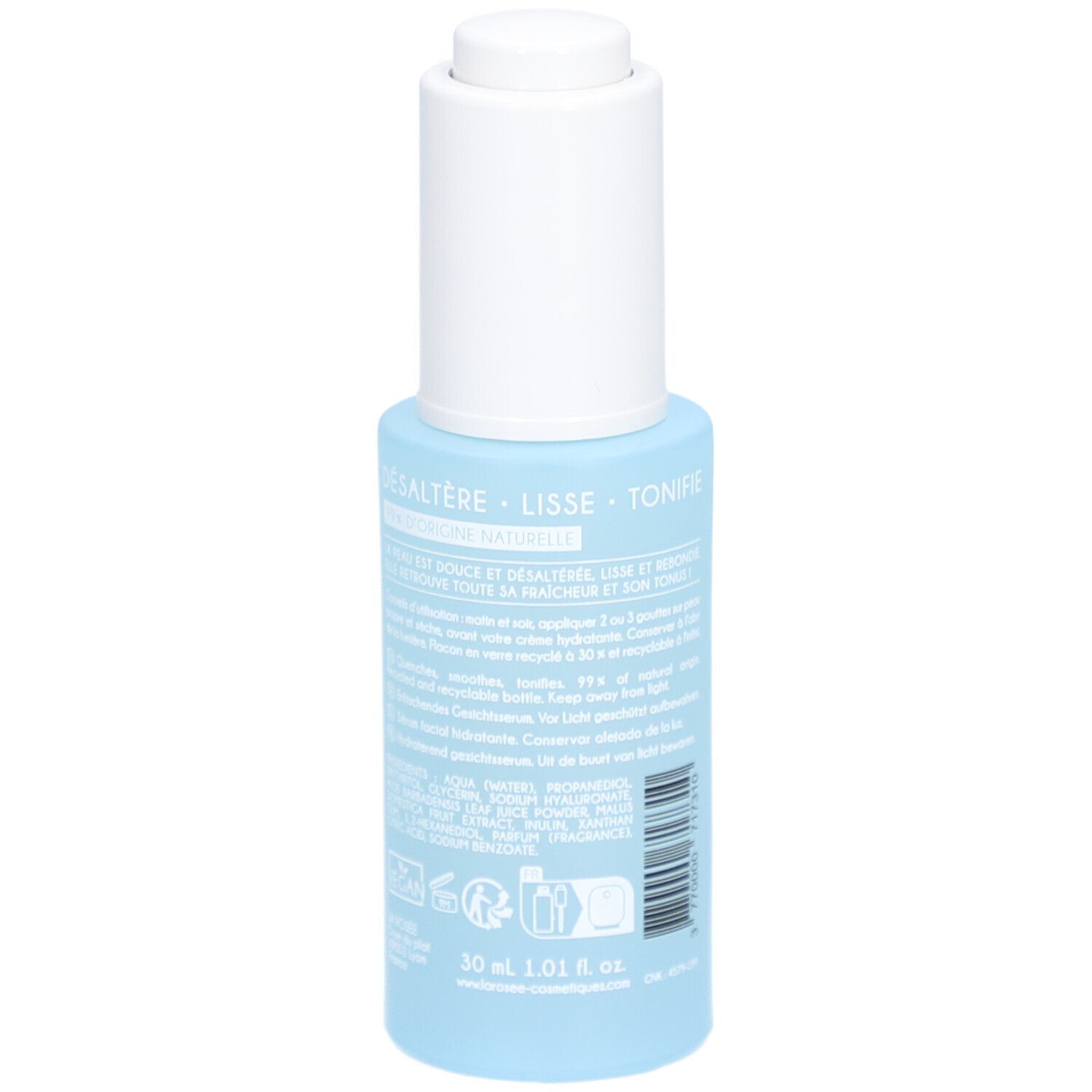 Lichtblauwe fles met witte dop. Achterkant met productinformatie, ingrediënten en volume-aanduiding: 30 ml.