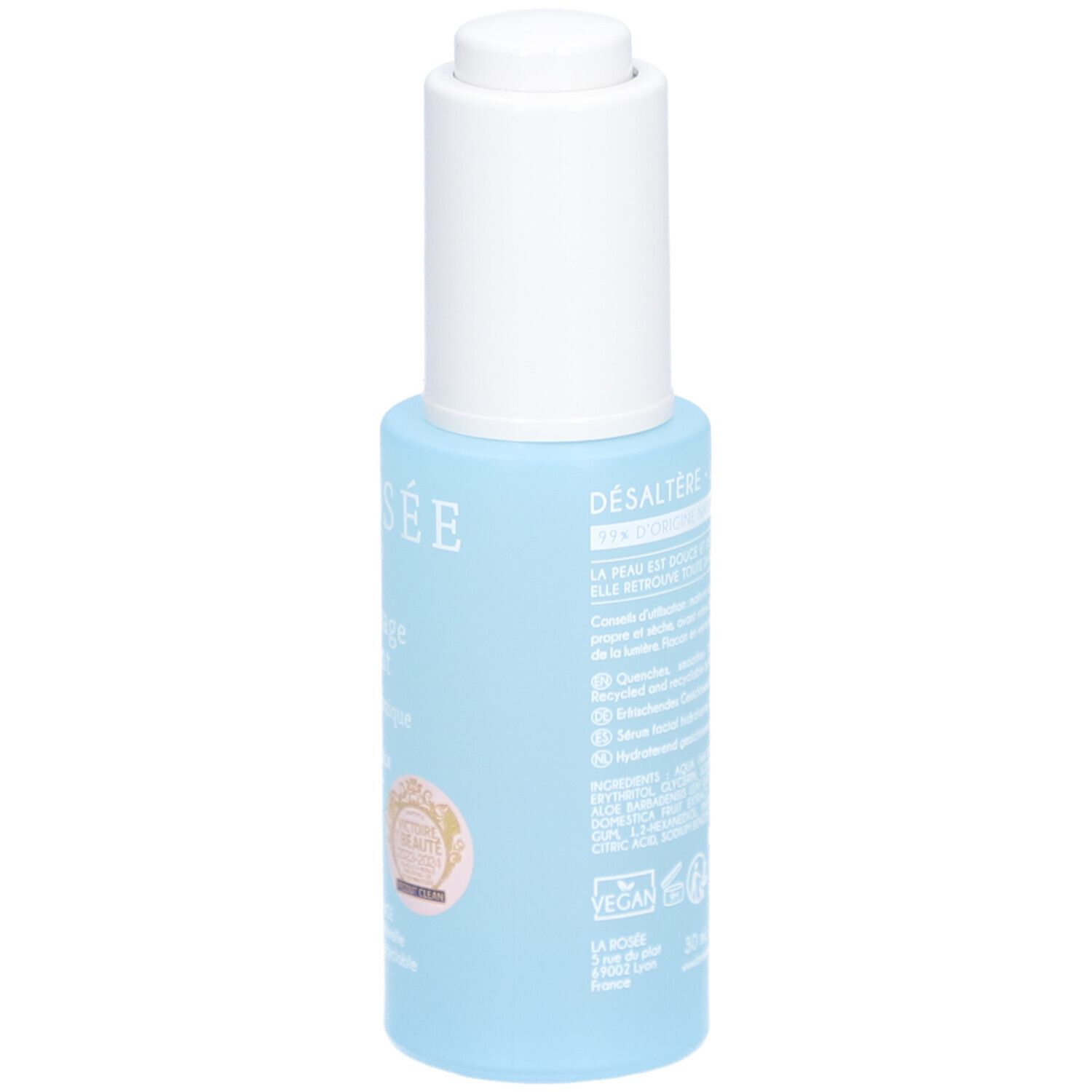 Lichtblauwe fles met witte dop. Opschrift: La Rosée, Sérum visage désaltérant. Achterkant met productinformatie en certificering.