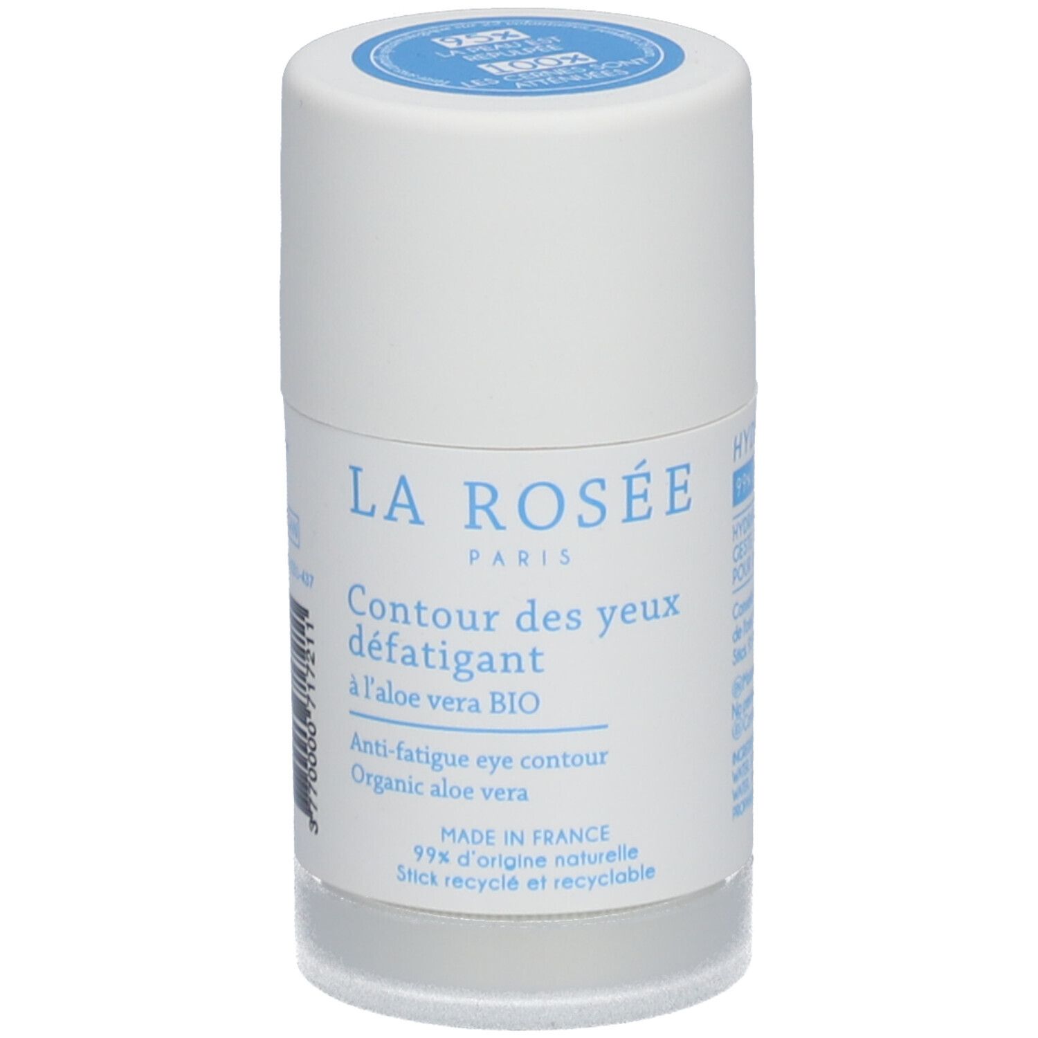Witte cilinder met blauwe dop. Opschrift: La Rosée, Contour des yeux défatigant à l'aloe vera BIO. Anti-fatigue eye contour.