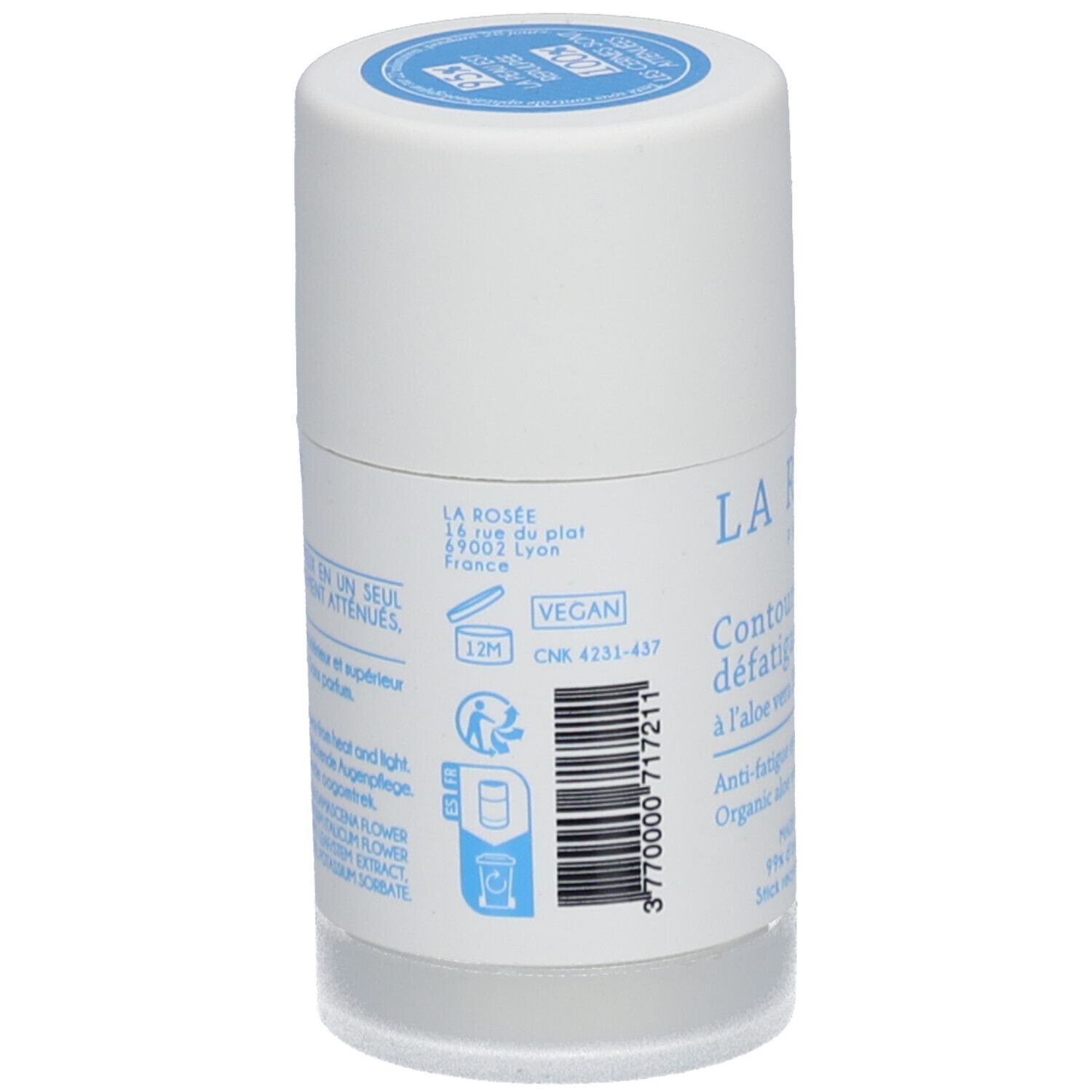 Achterkant van de witte cilinder. Opschrift: La Rosée, adres, Vegan-logo, recyclagesymbool, barcode.