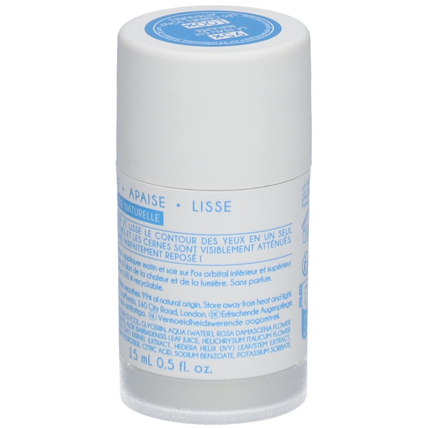 Achterkant van de witte cilinder. Opschrift: Verzacht, maakt glad, 15 ml, 0,5 fl. oz. Ingrediënten.
