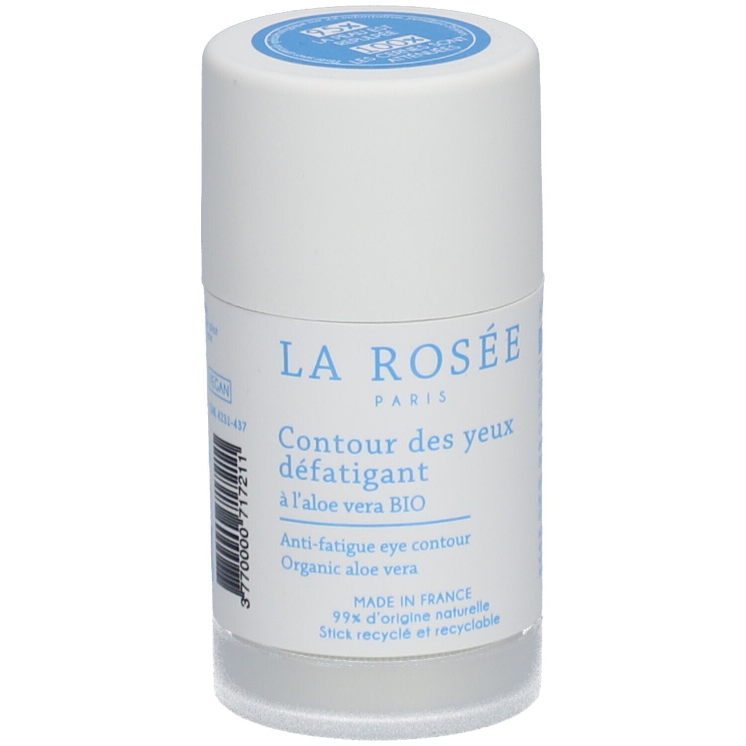 Witte cilinder met blauwe dop. Opschrift: La Rosée, Contour des yeux défatigant à l'aloe vera BIO. Anti-fatigue eye contour.