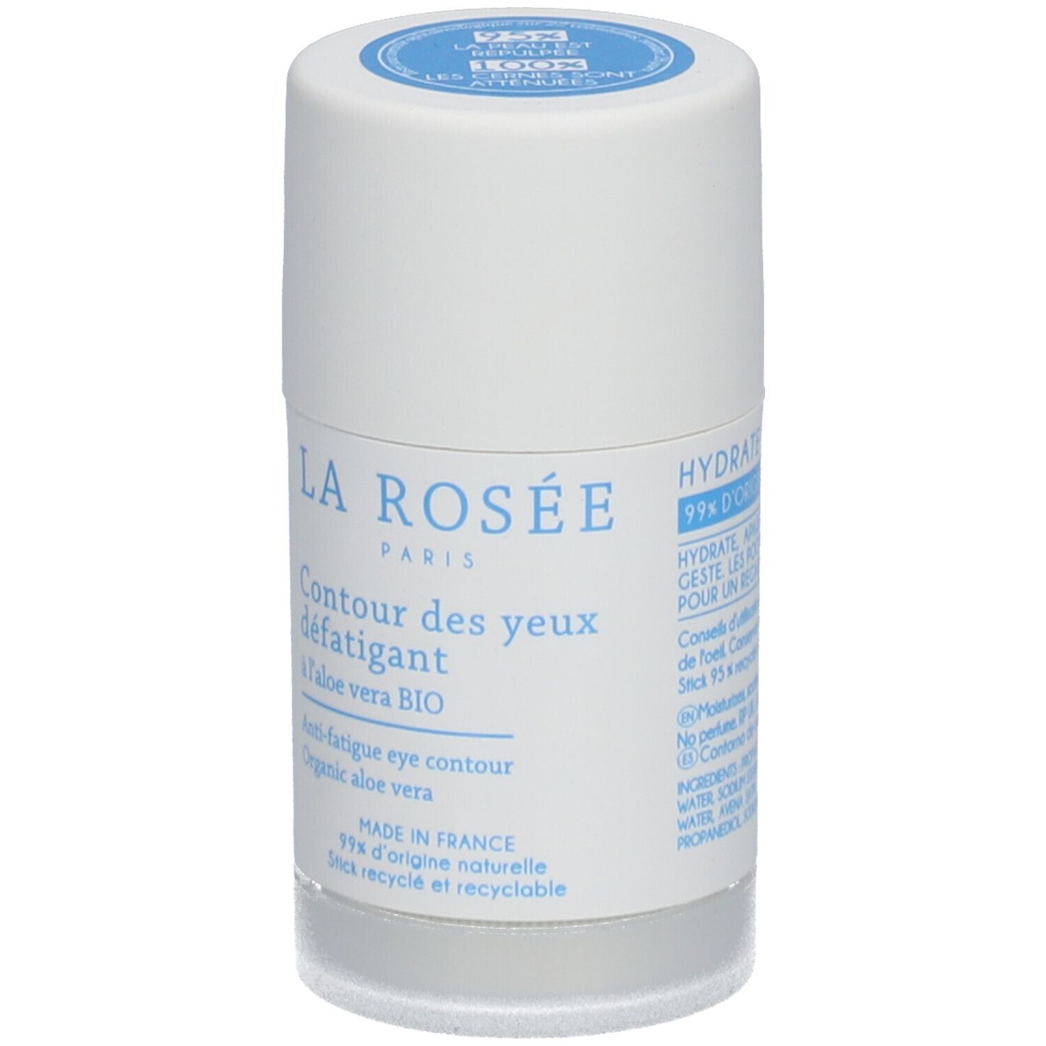 Witte cilinder met blauwe dop. Opschrift: La Rosée, Contour des yeux défatigant à l'aloe vera BIO. Anti-fatigue eye contour.