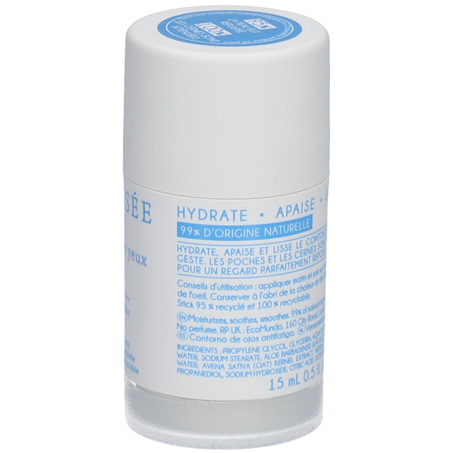 Achterkant van de witte cilinder. Opschrift: Hydrateert, verzacht, maakt glad, 15 ml, 0,5 fl. oz. Ingrediënten.