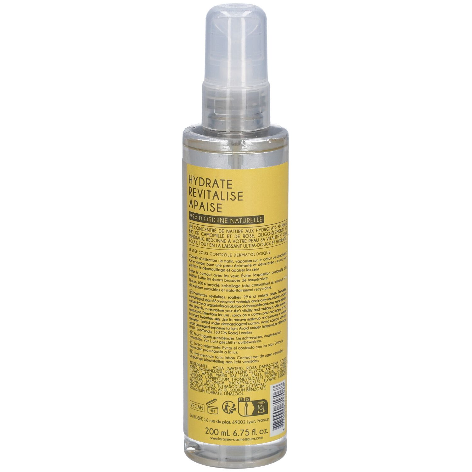 Flesje gezichtstonic met verstuiver. Achterkant met geel etiket en tekst. LA ROSÉE PARIS. 200 ml.
