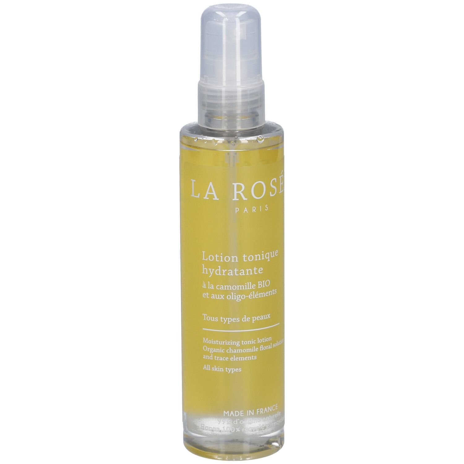 Flesje gezichtstonic met verstuiver. Gele vloeistof, witte opdruk: LA ROSÉE PARIS. Tekst: Lotion tonique hydratante.
