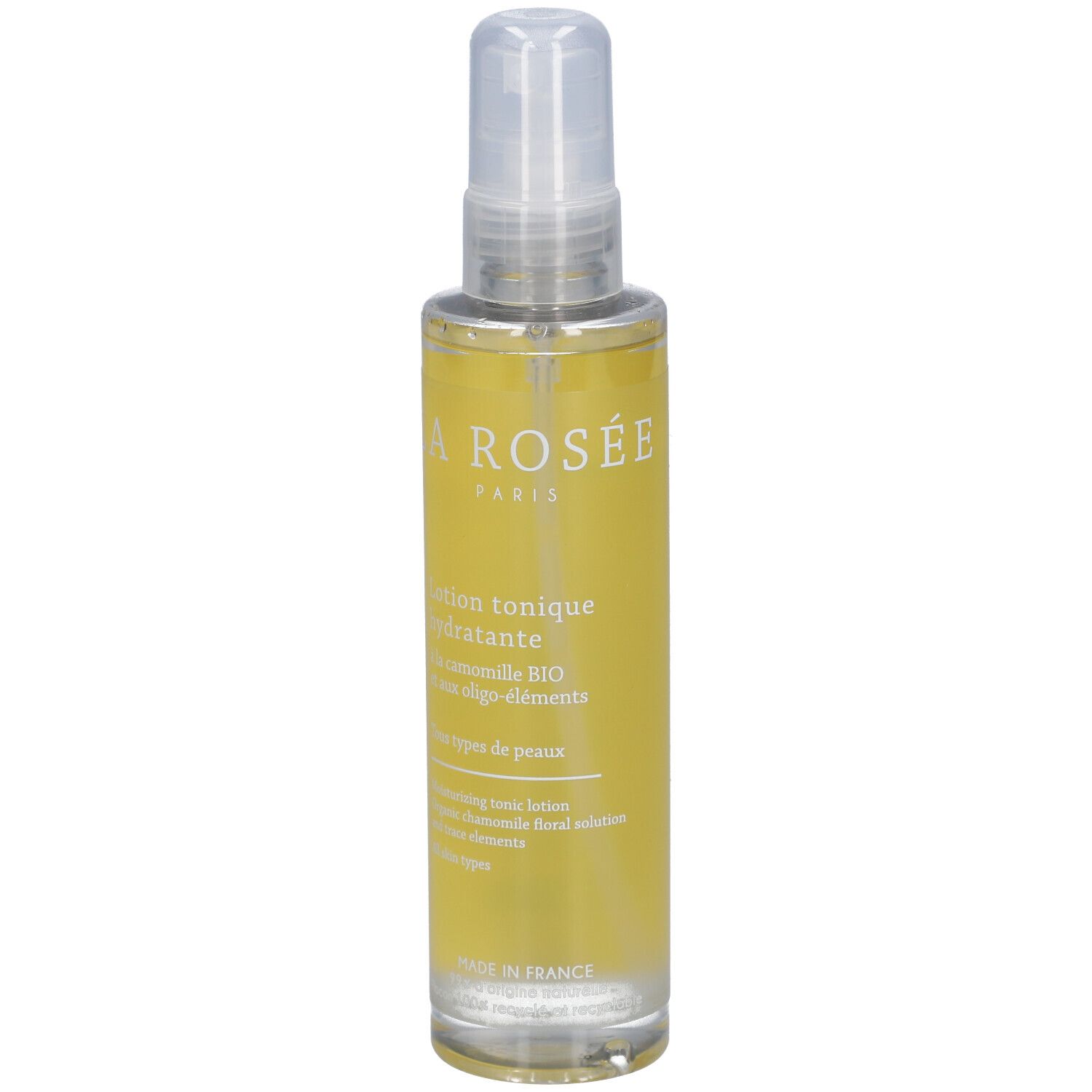 Flesje gezichtstonic met verstuiver. Gele vloeistof, witte opdruk: LA ROSÉE PARIS. Tekst: Lotion tonique hydratante.