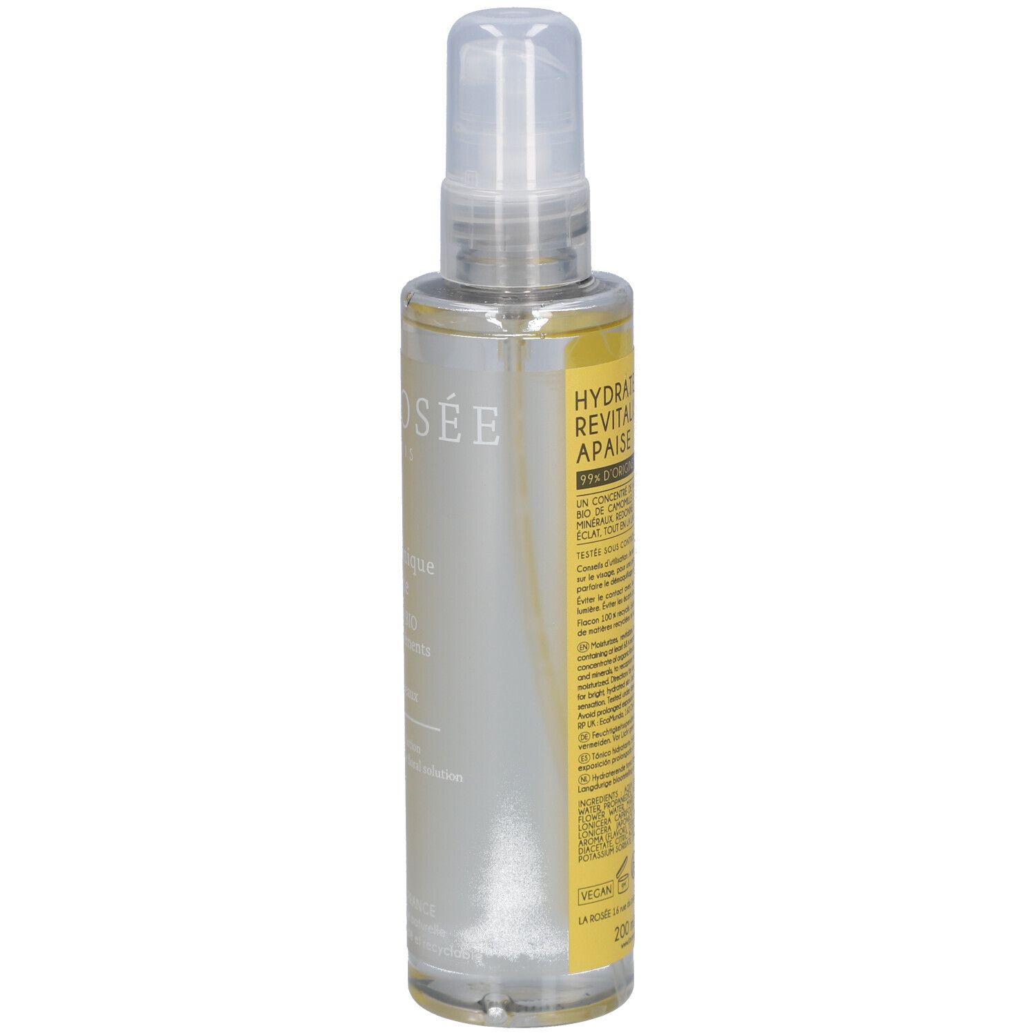 Flesje gezichtstonic met verstuiver. Achterkant met geel etiket en tekst. LA ROSÉE PARIS. 200 ml.