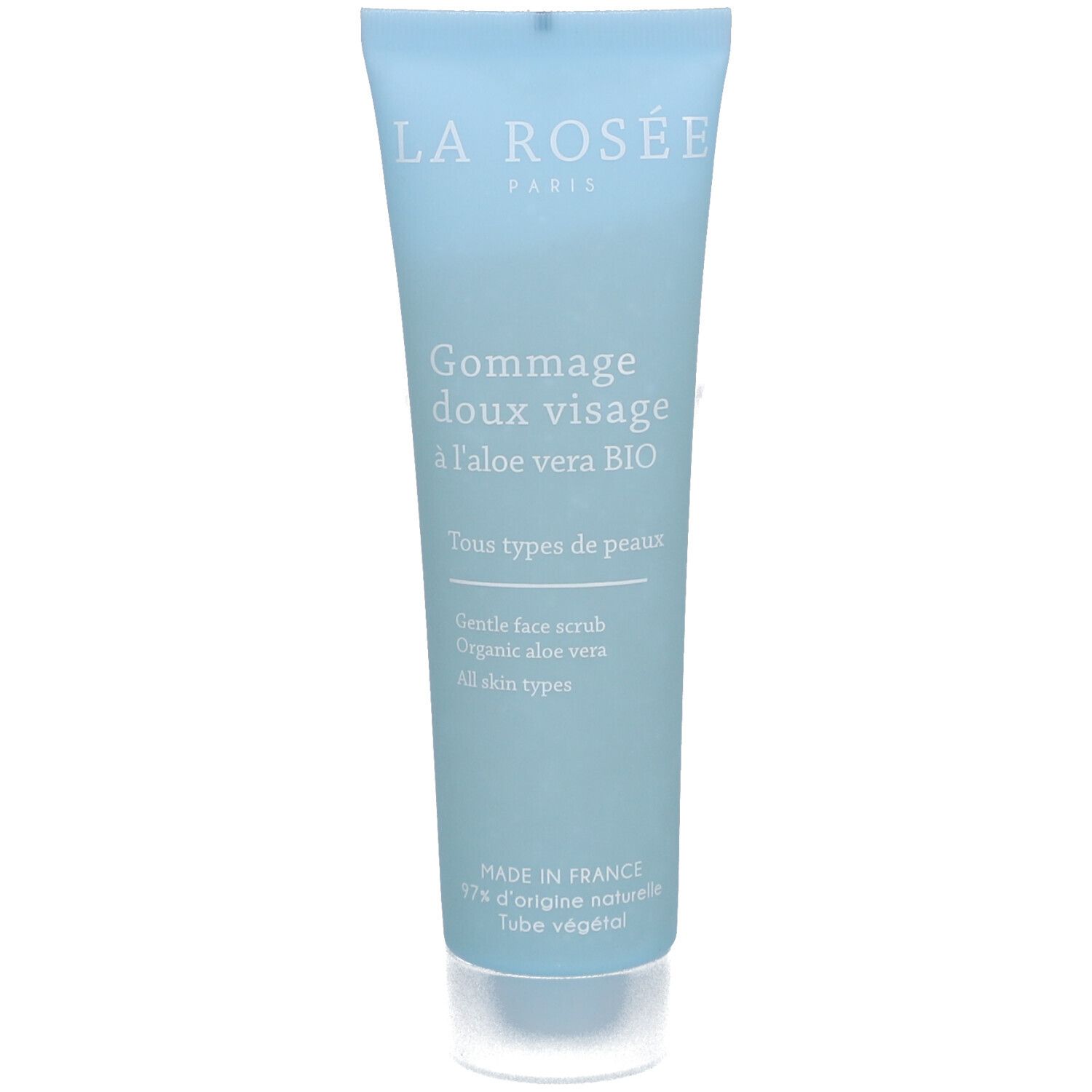 Lichtblauwe tube gezichtsscrub. "La Rosée" logo. Tekst "Gommage doux visage à l'aloe vera BIO". Voor alle huidtypen.