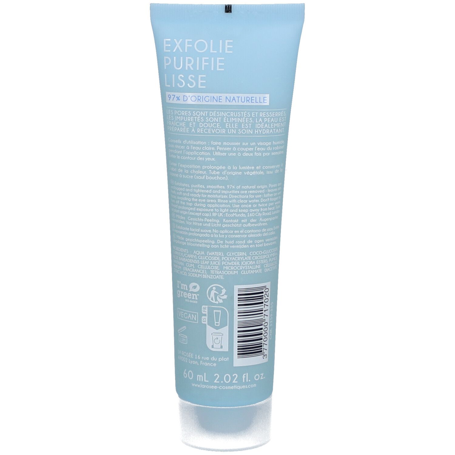 Achterkant van de lichtblauwe tube gezichtsscrub. Tekst: "Exfolie, purifie, lisse". 97% natuurlijke ingrediënten. 60 ml.