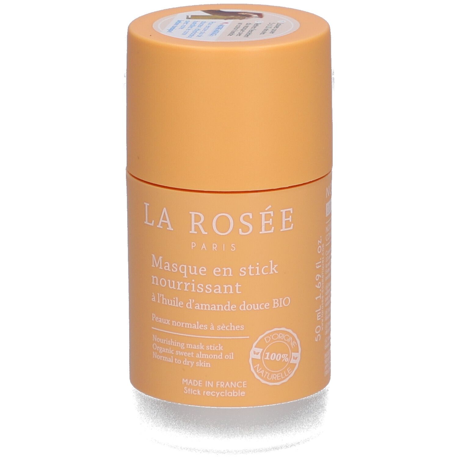 Emballage cylindrique. Inscription: La Rosée, Masque en stick nourrissant, huile d'amande douce BIO. 100% naturel.