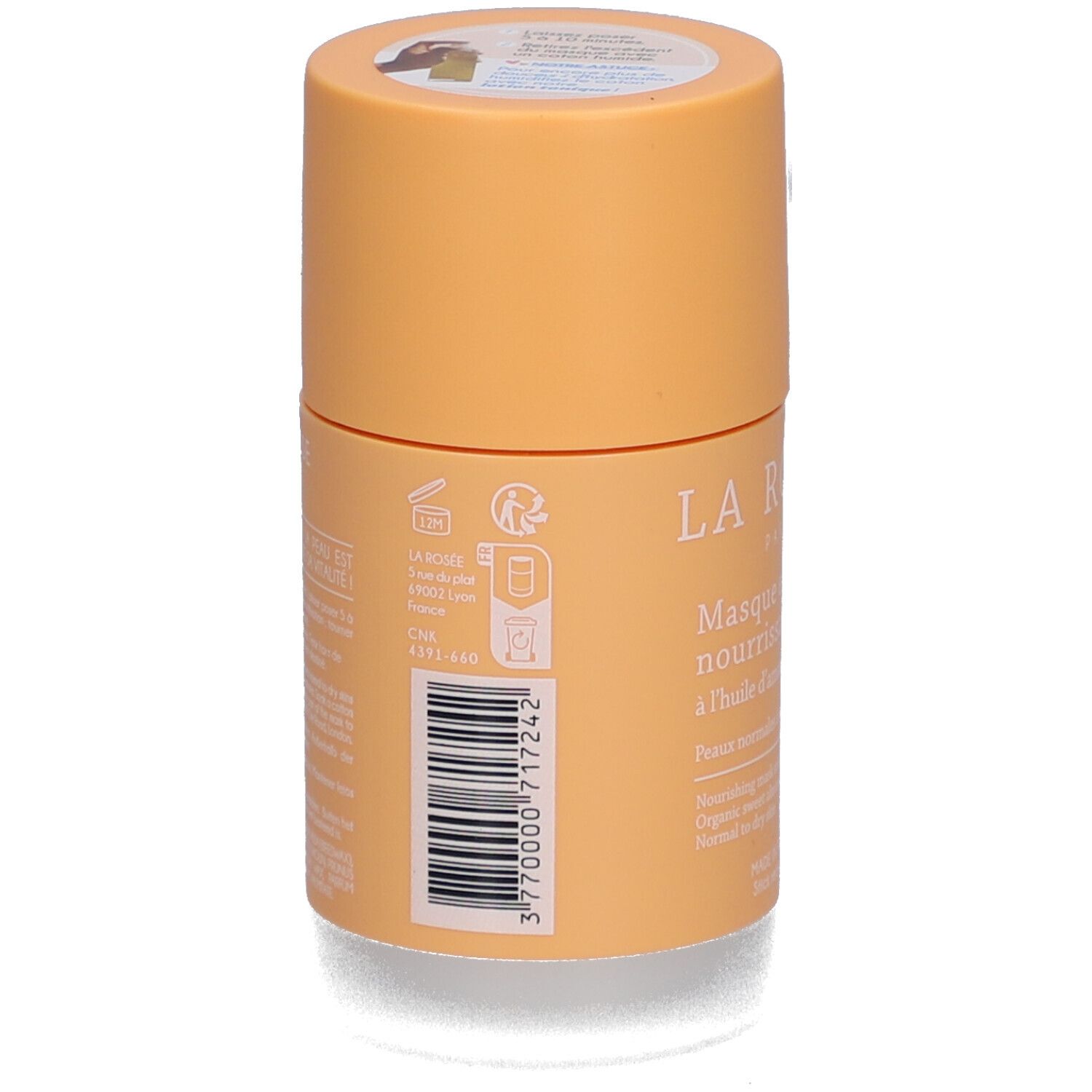 Emballage cylindrique. Code-barres et texte au dos. Informations sur le recyclage et les ingrédients.