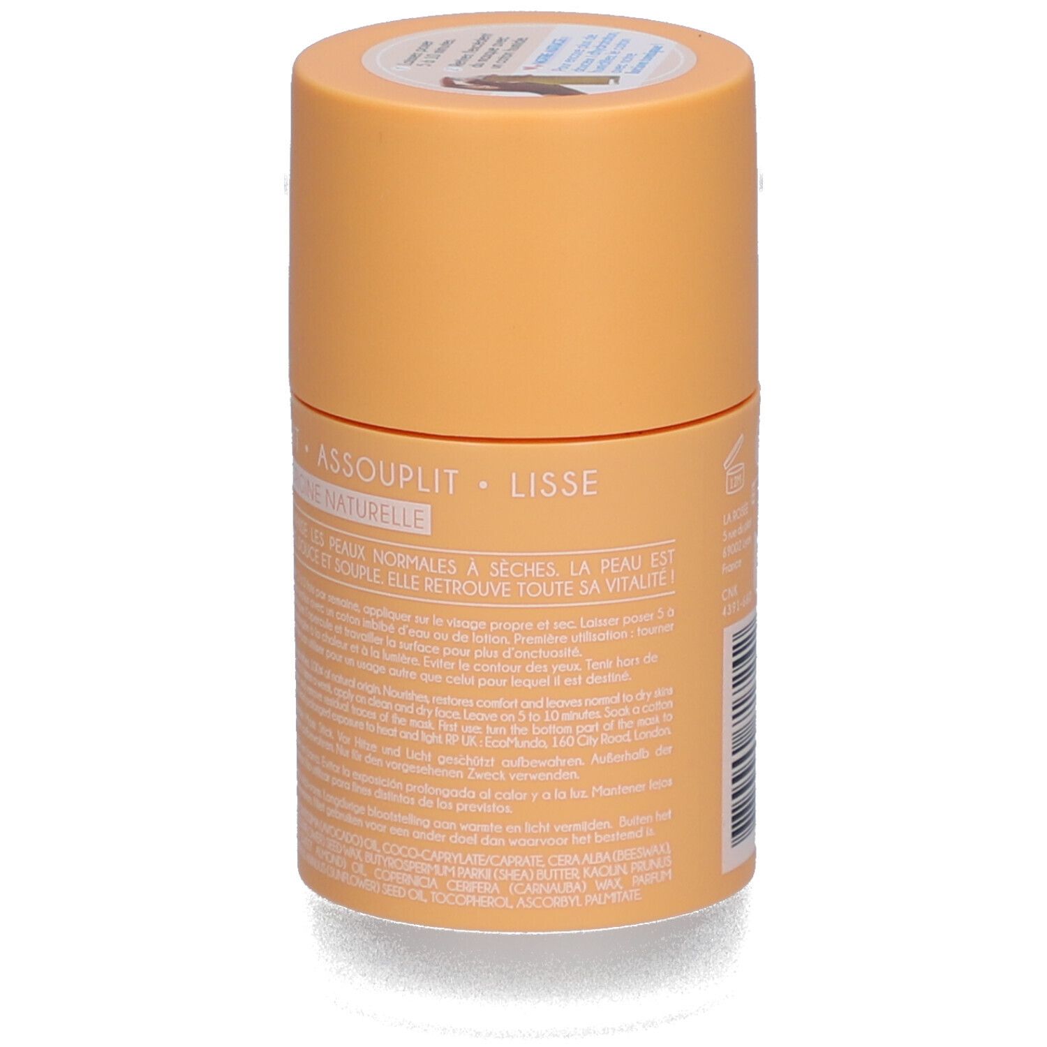 Emballage cylindrique. Texte: Assouplit, Lisse. Informations sur l'utilisation et les ingrédients.