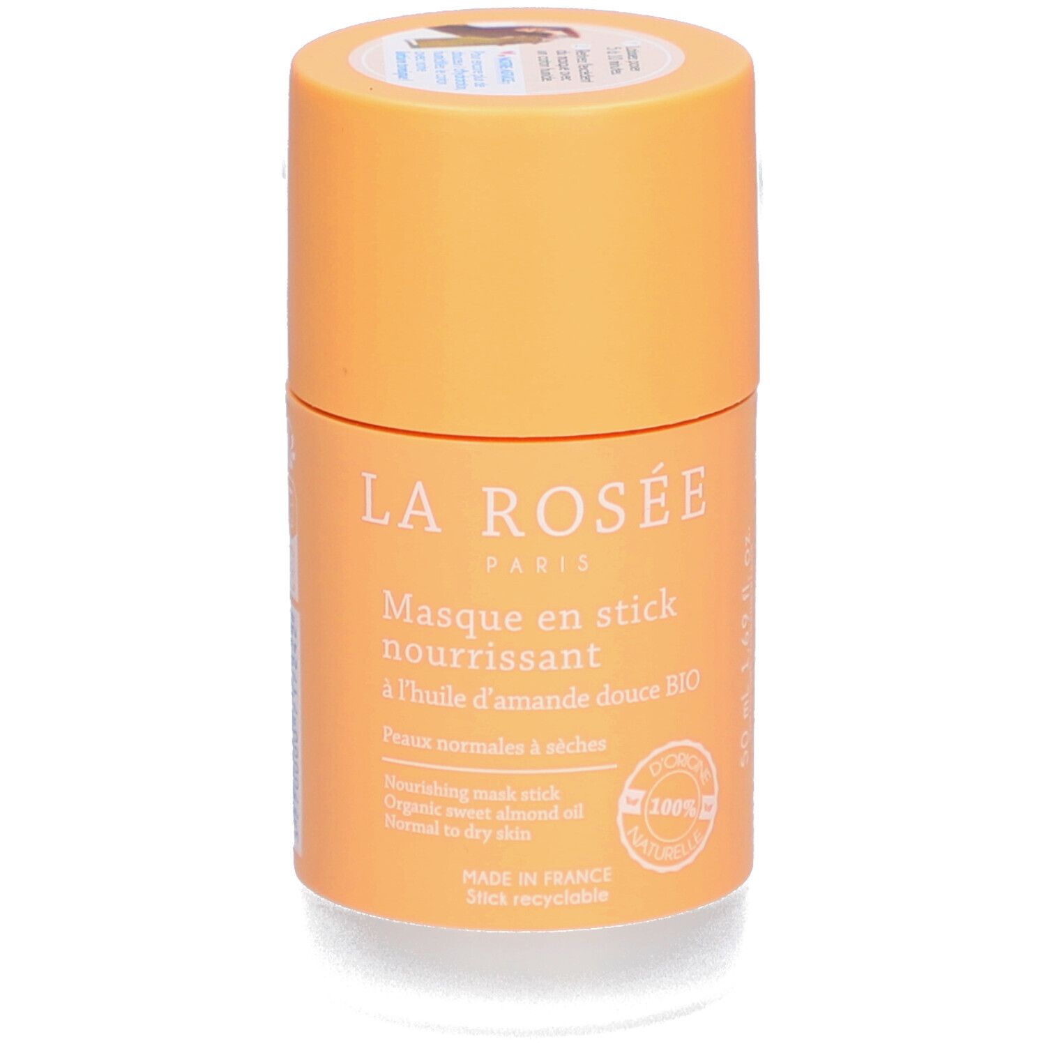 Emballage cylindrique. Inscription: La Rosée, Masque en stick nourrissant, huile d'amande douce BIO. 100% naturel.