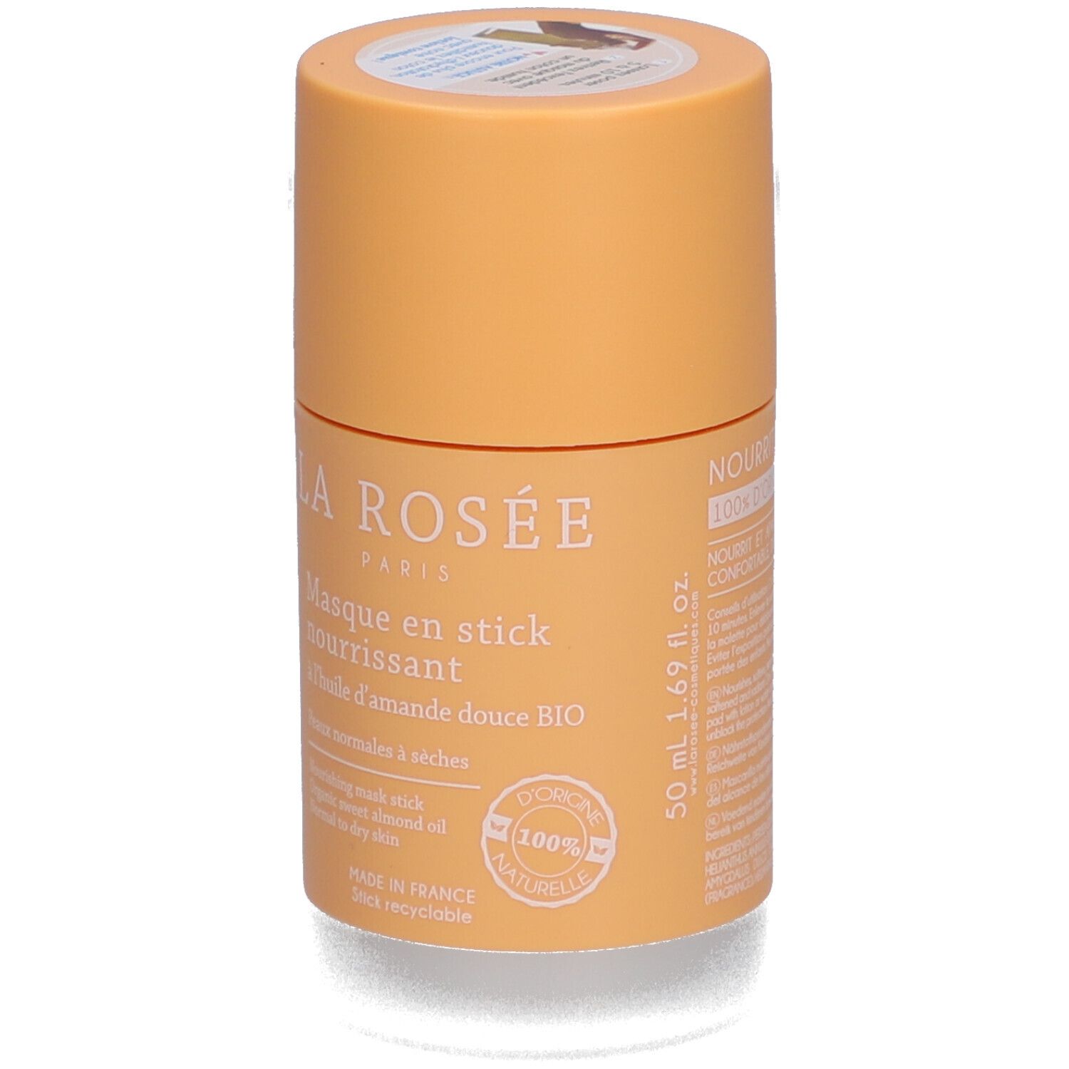 Emballage cylindrique. Inscription: La Rosée, Masque en stick nourrissant, huile d'amande douce BIO. 50 ml.