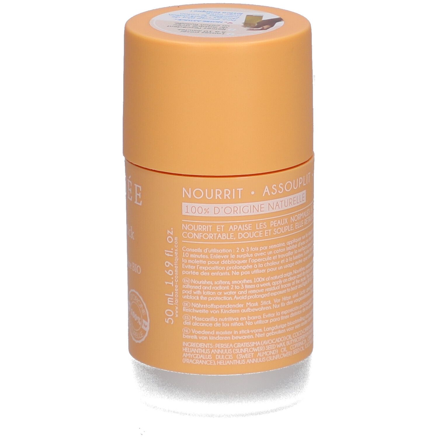 Emballage cylindrique. Texte: Nourrit, Assouplit. 100% d'origine naturelle. 50 ml.